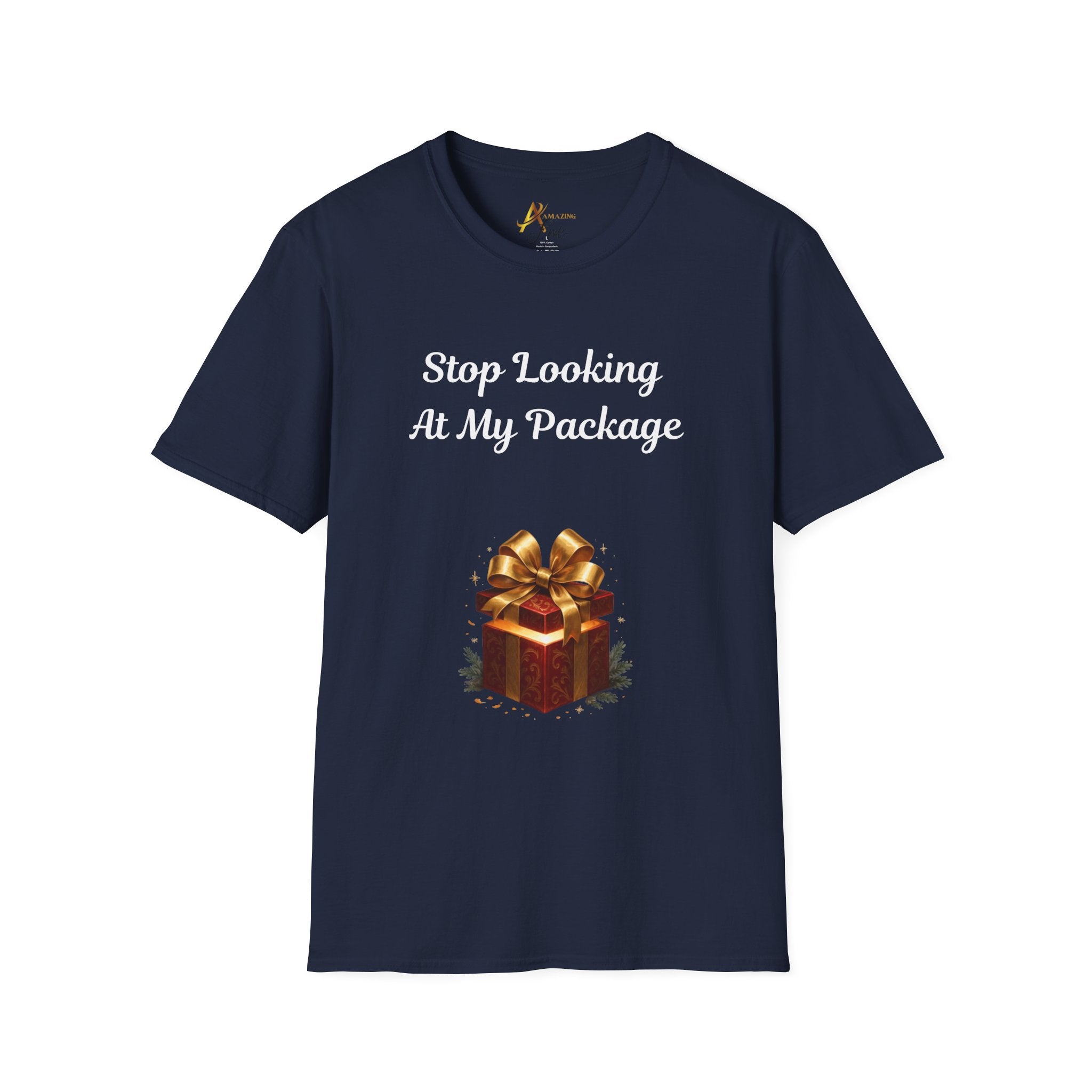 Adult Themed Big Present T-Shirt - 'Stop Looking At My Package' Christmas Attire