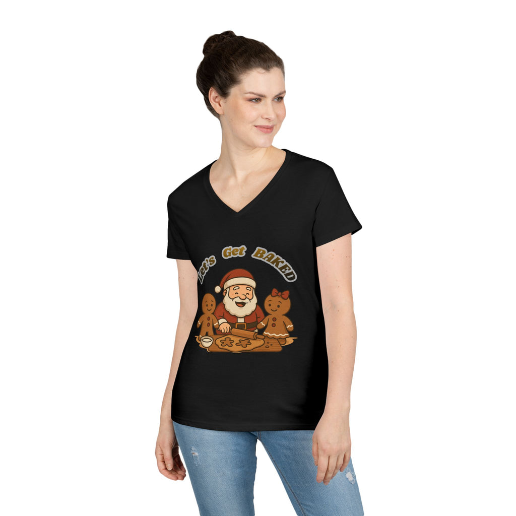 Adult Themed Santa Baking V-Neck Tee — 'Let’s Get Baked' Christmas Attire