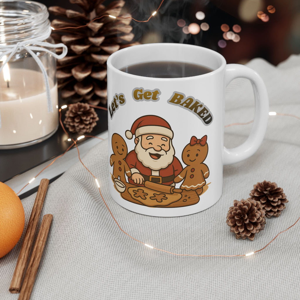 Christmas Mug - "Let's Get Baked" Santa & Gingerbread Holiday Ceramic Coffee Mug (11oz, 15oz)