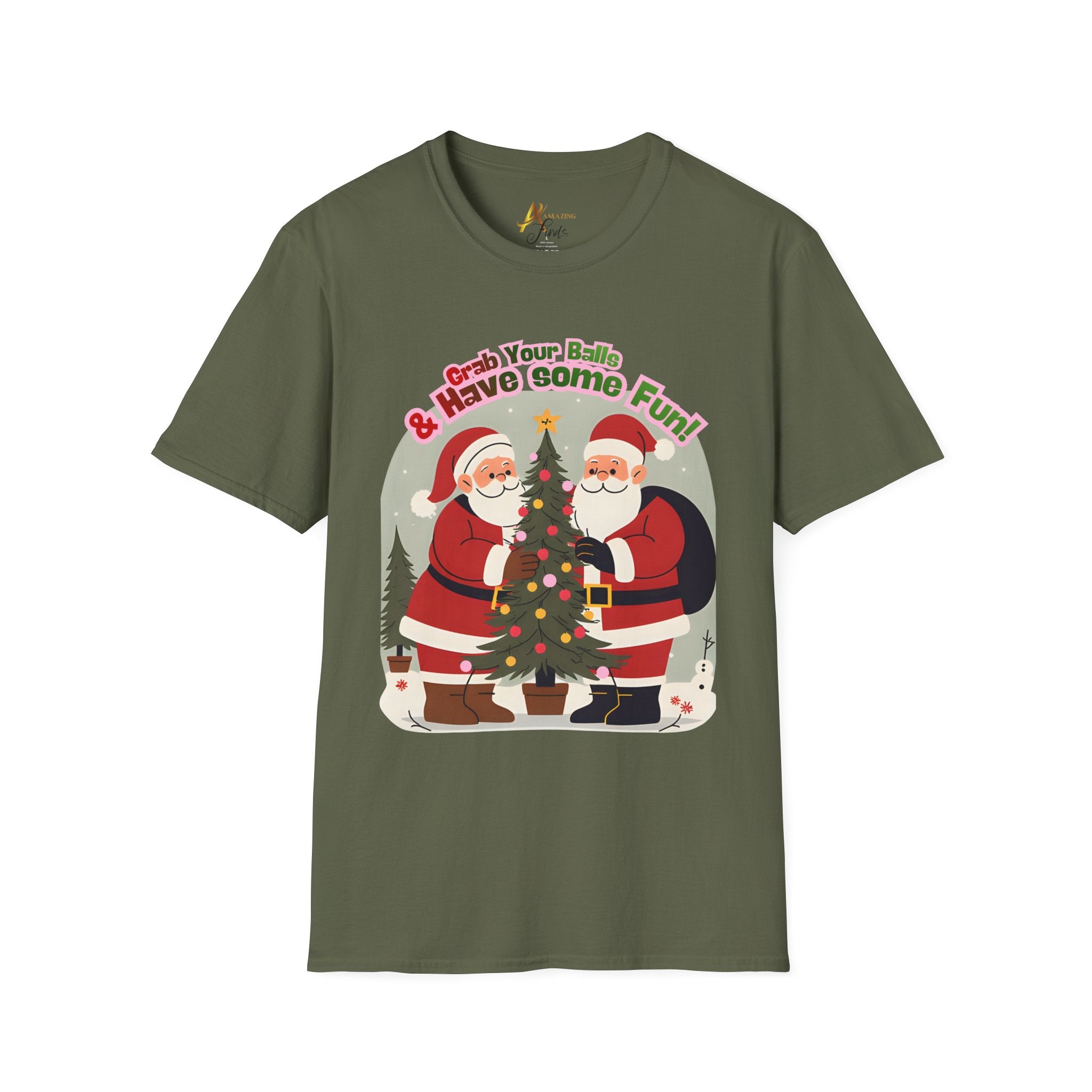 Adult Themed 2 Santa's Christmas T-Shirt — 'Grab Your Balls & Have Some Fun!'
