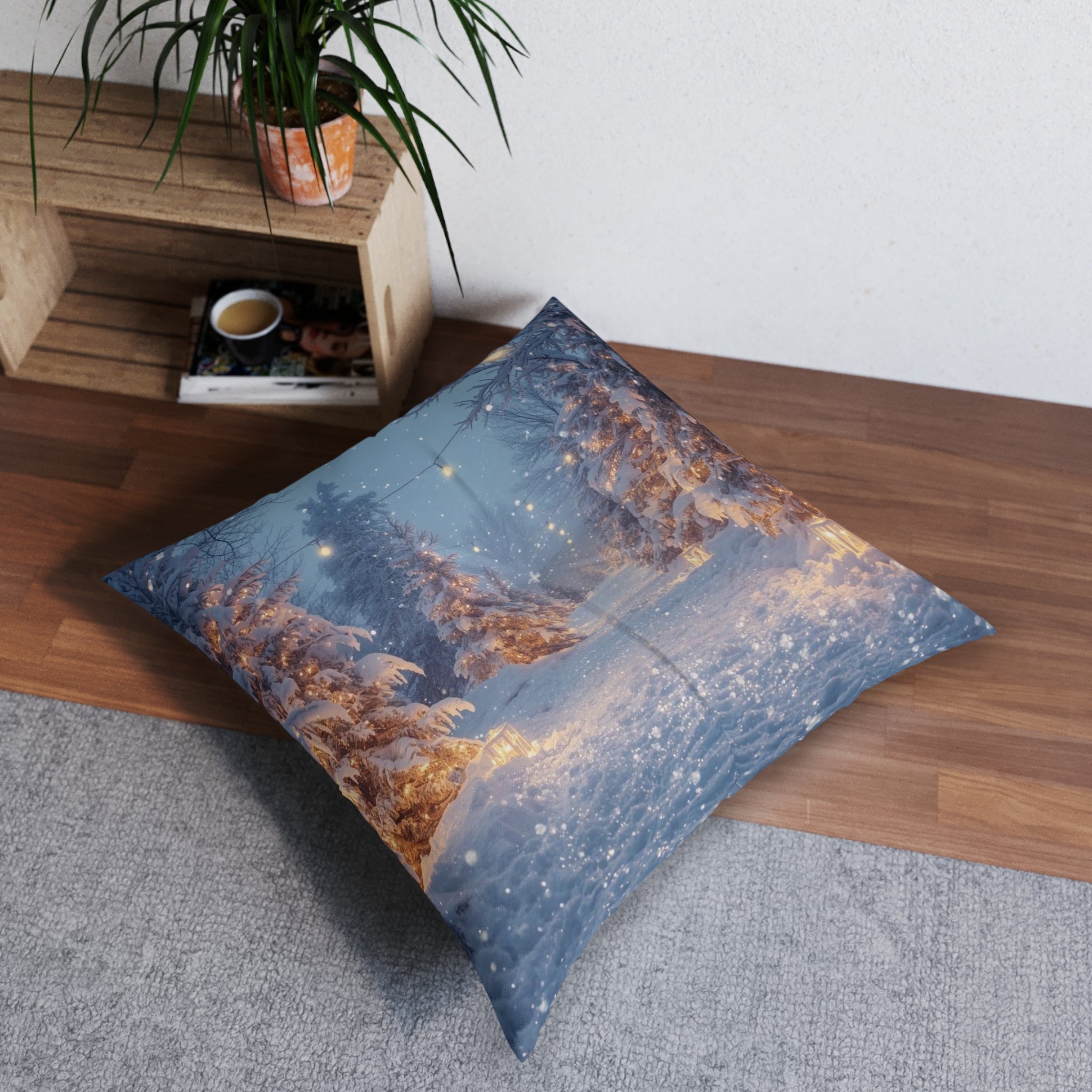 Winter Forest Snow Scene Tufted Floor Pillow — Cozy Holiday Decorative Cushion