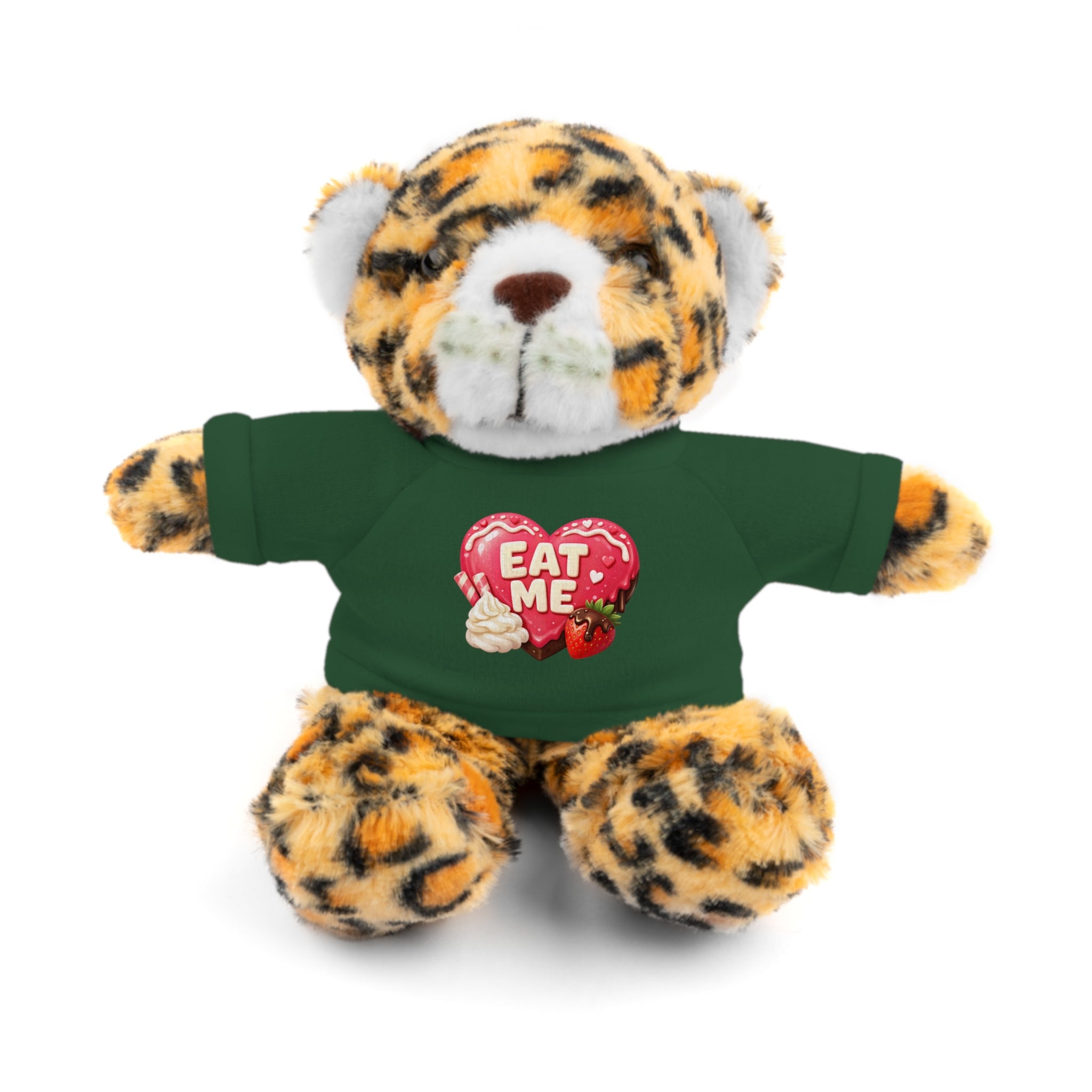 "EAT ME" Heart Tee Plush — Cute Brown Teddy, Sheep, Panda or Jaguar Stuffed Animal Gift