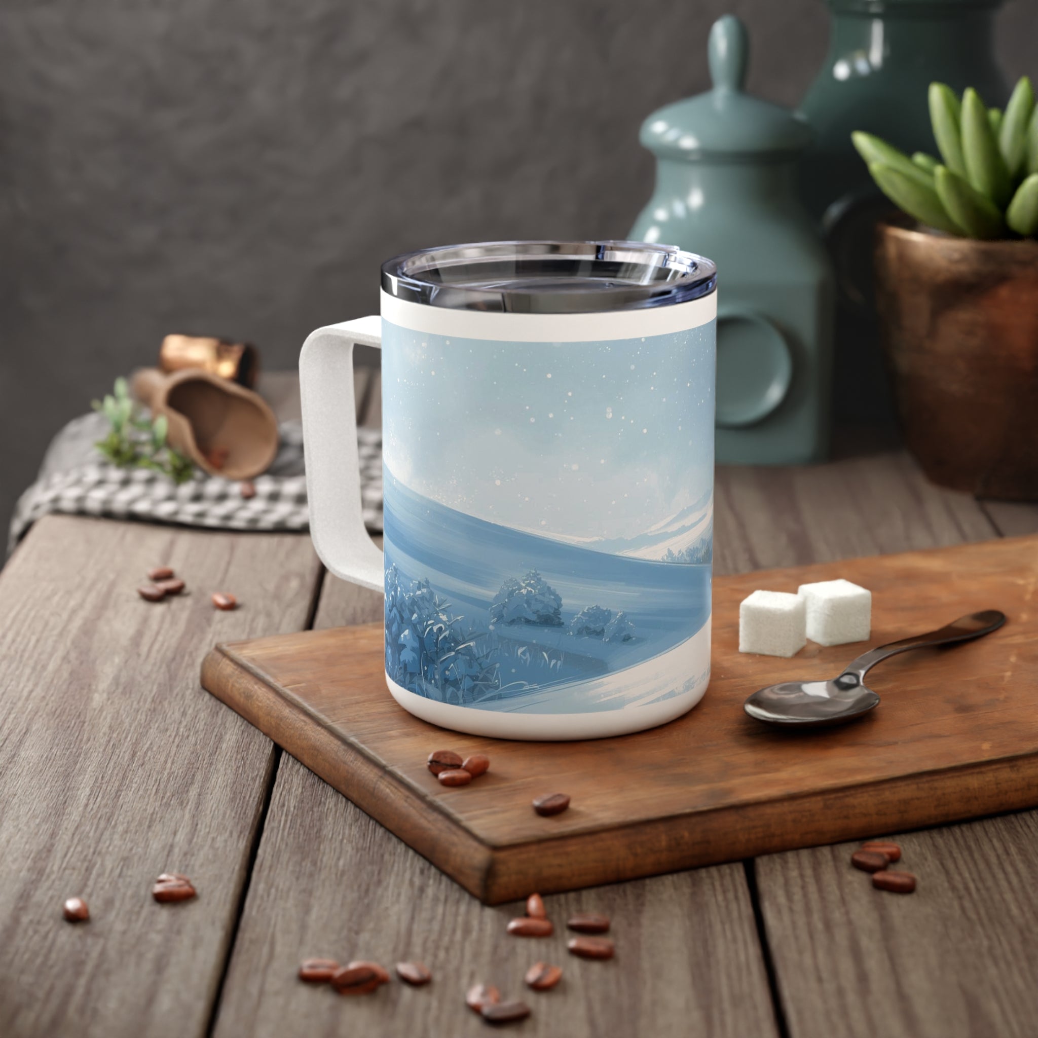 10oz Insulated Coffee Mug — Serene Snowy Winter Landscape Travel Tumbler