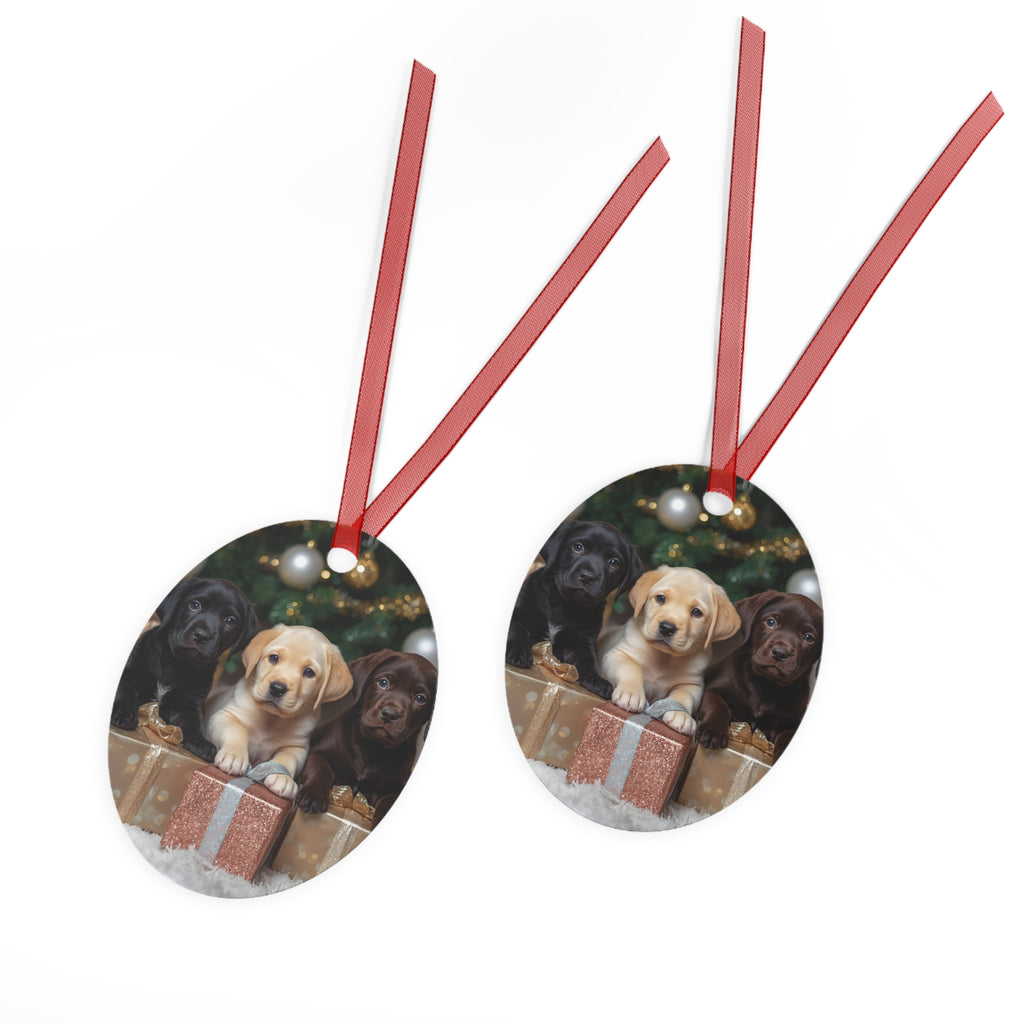 Christmas Puppy Metal Ornament — Labrador Retriever Trio Holiday Decoration