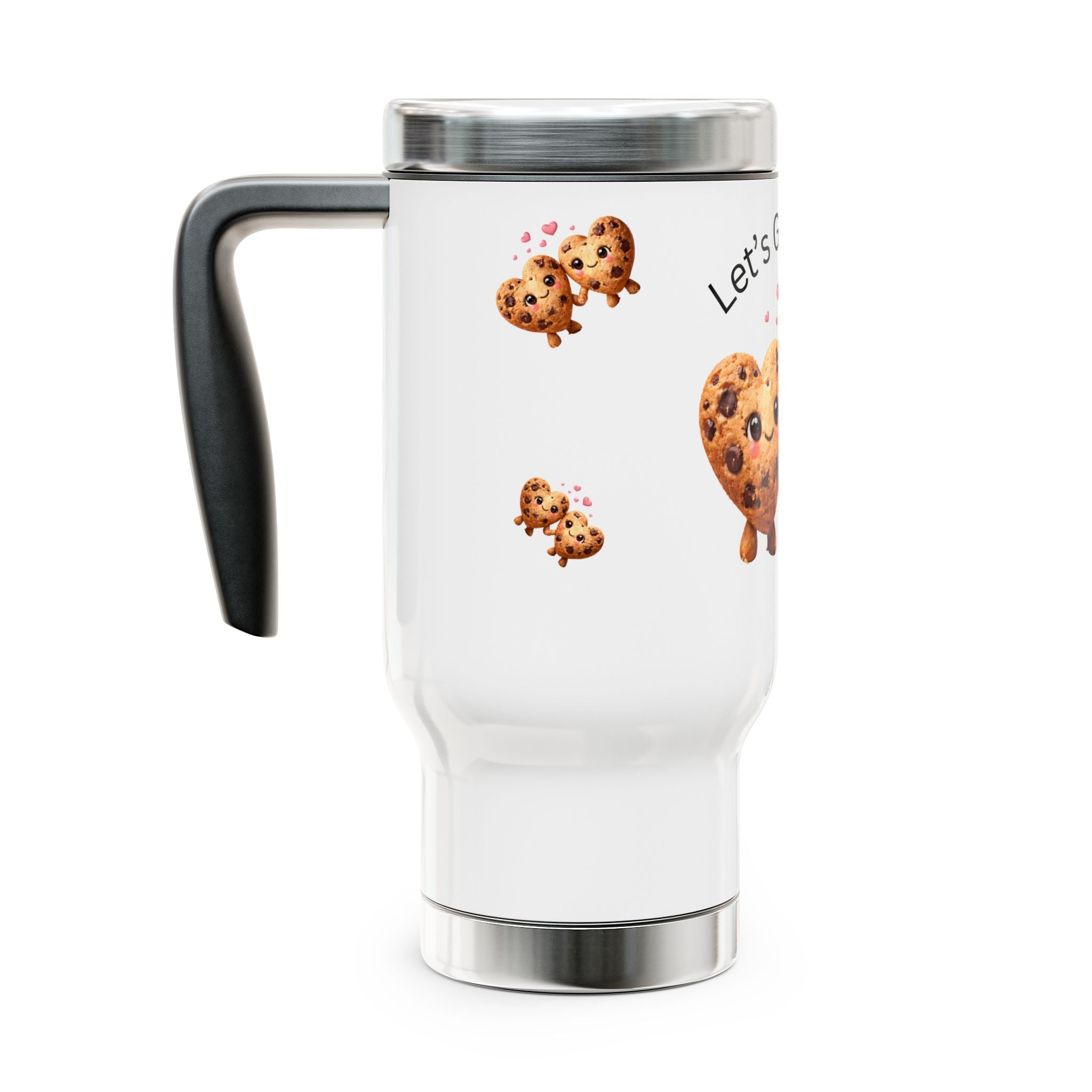Let's Get Baked 14oz Stainless Steel Travel Mug — Heart Cookie Coffee Tumbler with Handle