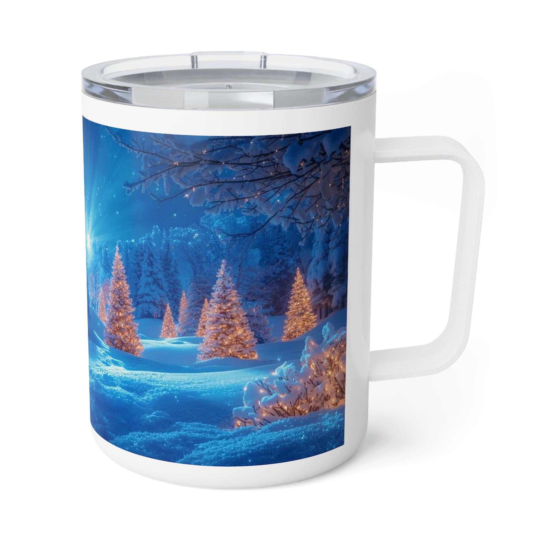 10oz Insulated Coffee Mug — Blue Snowy Winter Wonderland Holiday Scene