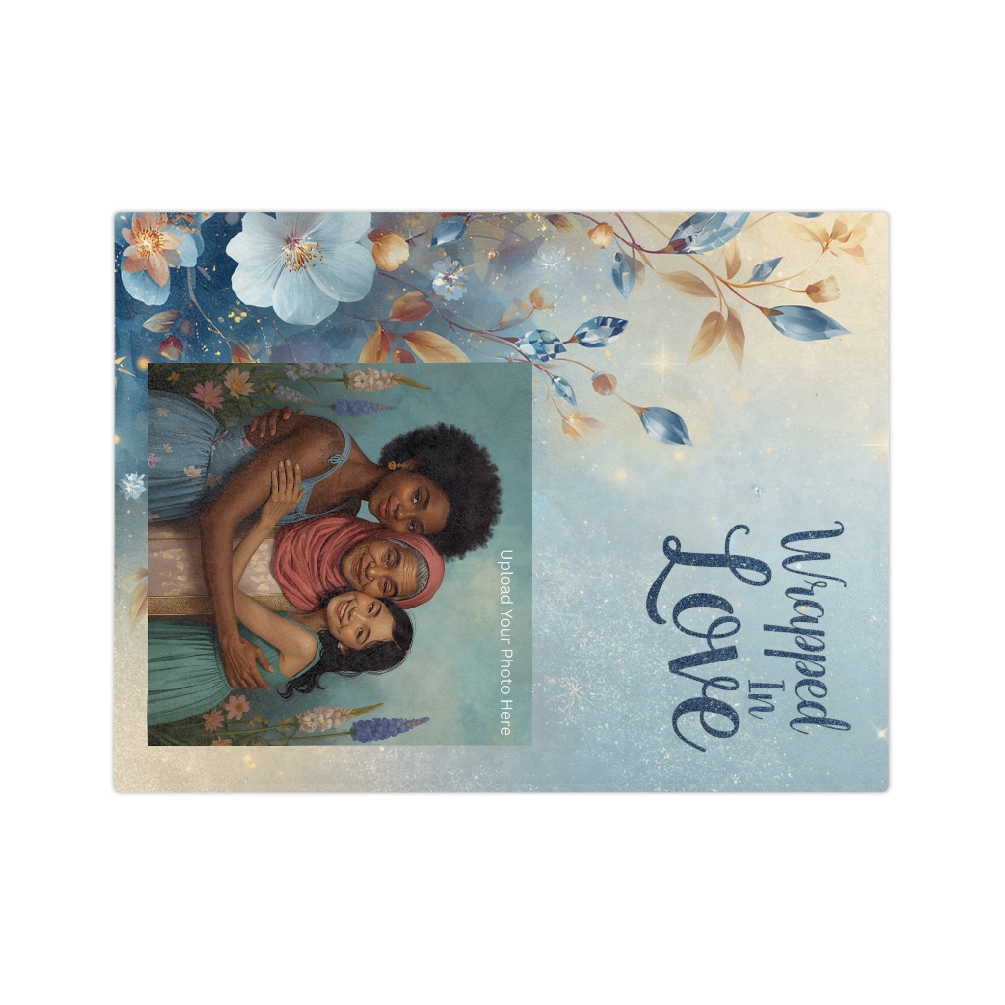 Personalized Mothers Day Photo Blanket for Mom - Custom Floral Blue Throw Gift