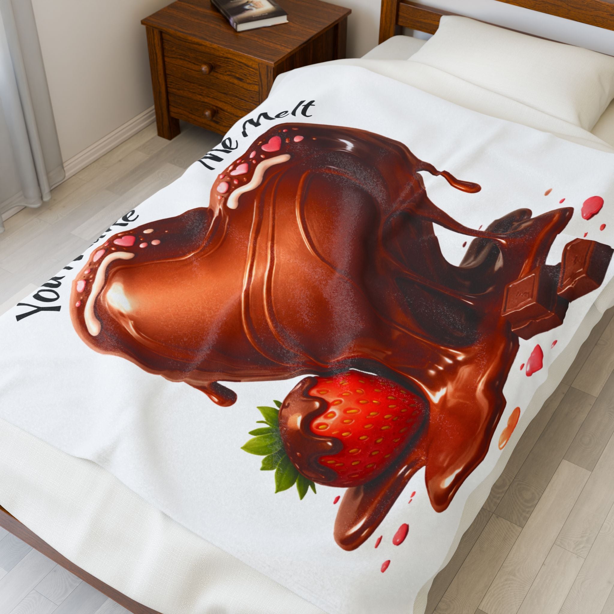 You Make Me Melt Chocolate Heart & Strawberry Velveteen Plush Blanket — Valentine’s Throw