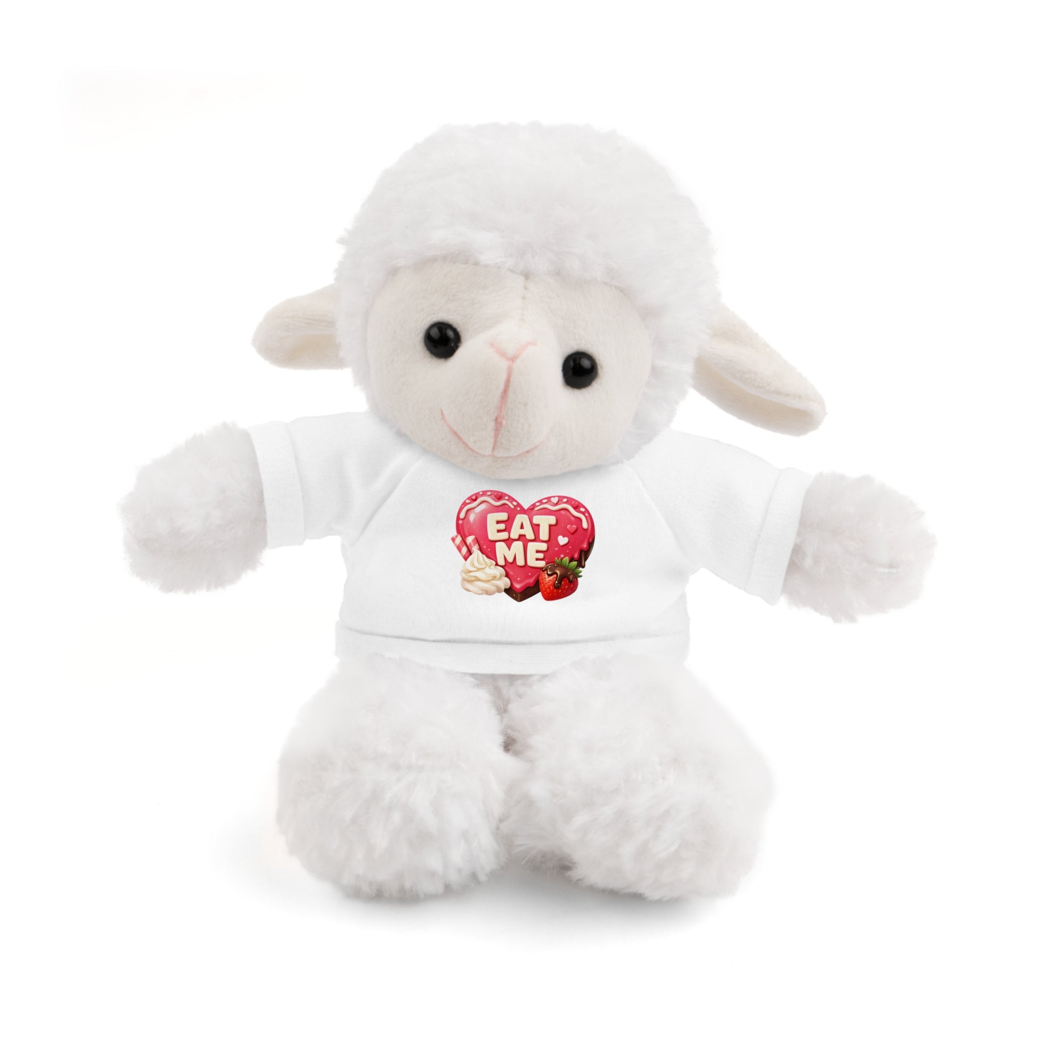 "EAT ME" Heart Tee Plush — Cute Brown Teddy, Sheep, Panda or Jaguar Stuffed Animal Gift