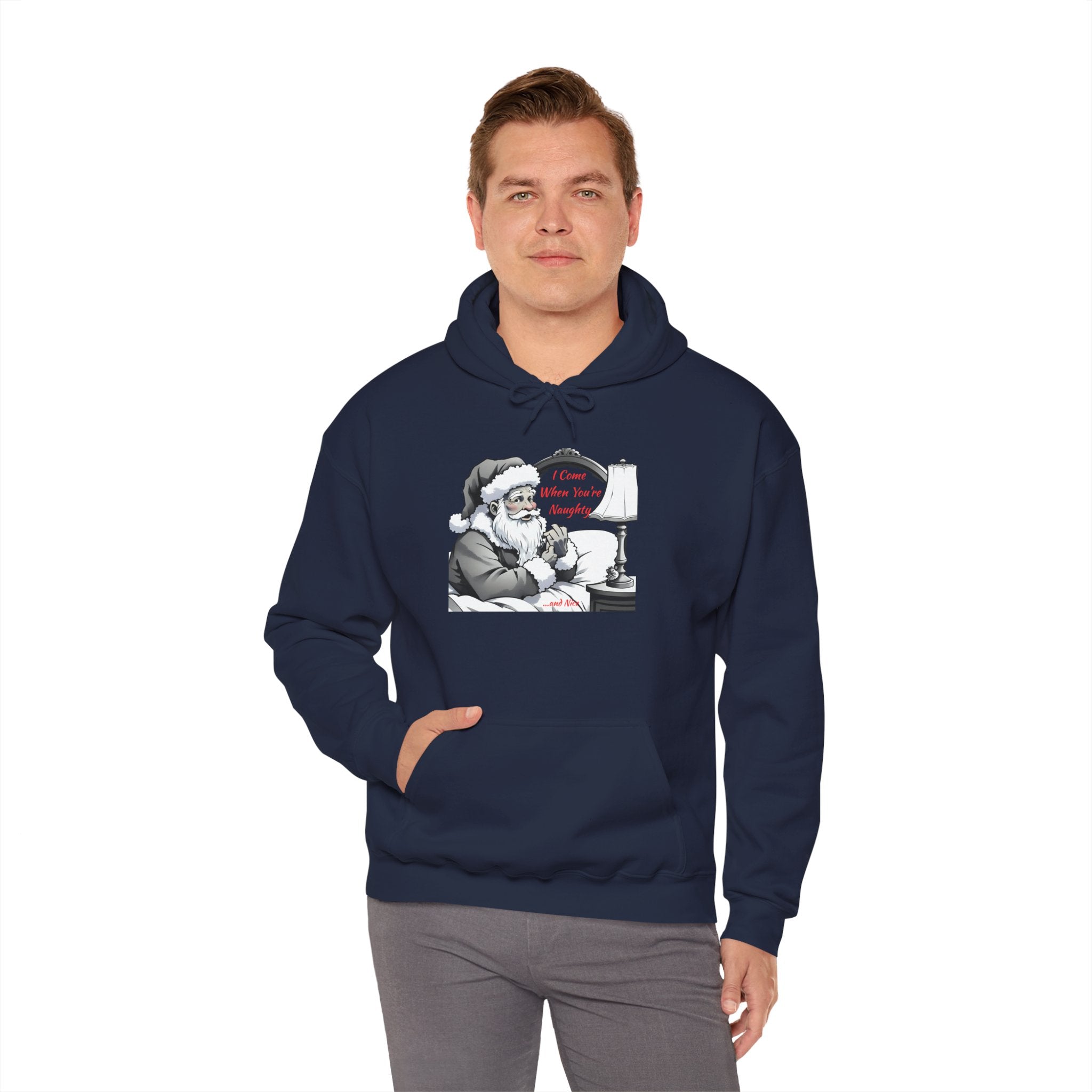 Adult Themed Santa In Bed Hoodie - 'I Come When You're Naughty' Christmas Attire
