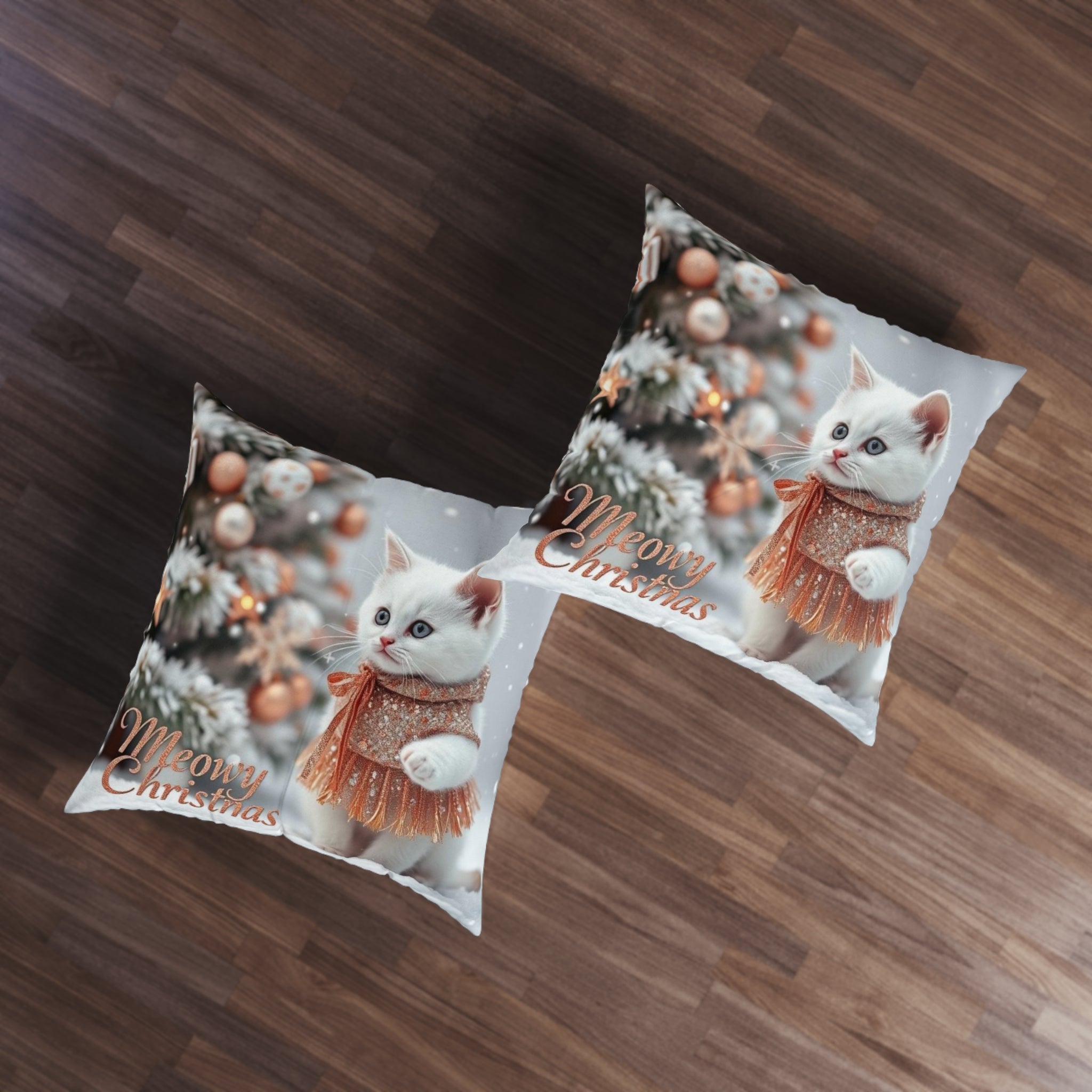 Meowy Christmas Cat Floor Pillow - Cute Holiday Square Cushion