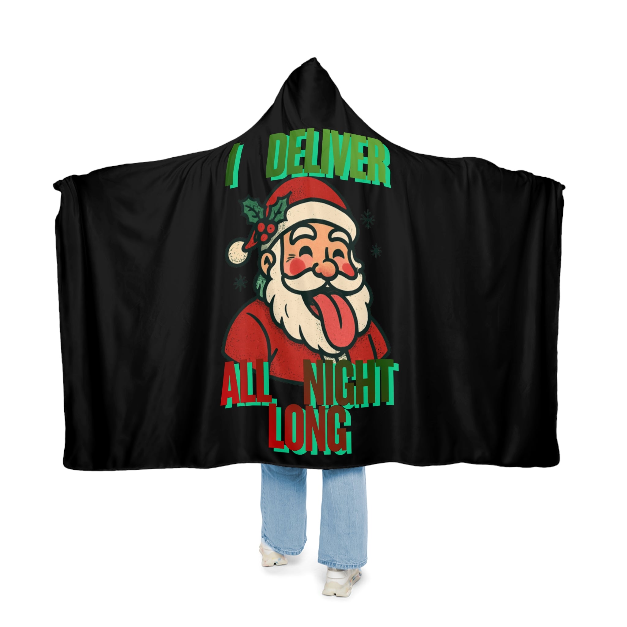 Black Snuggle Blanket — Funny “I Deliver All Night Long” Santa Hooded Blanket for Christmas Gag Gift