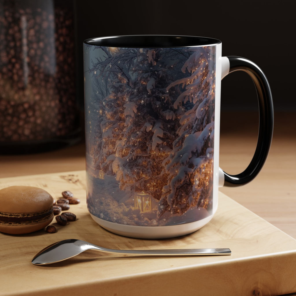 Winter Cabin Snowy Forest Accent Coffee Mug — Cozy Holiday Snow Scene (11/15oz)