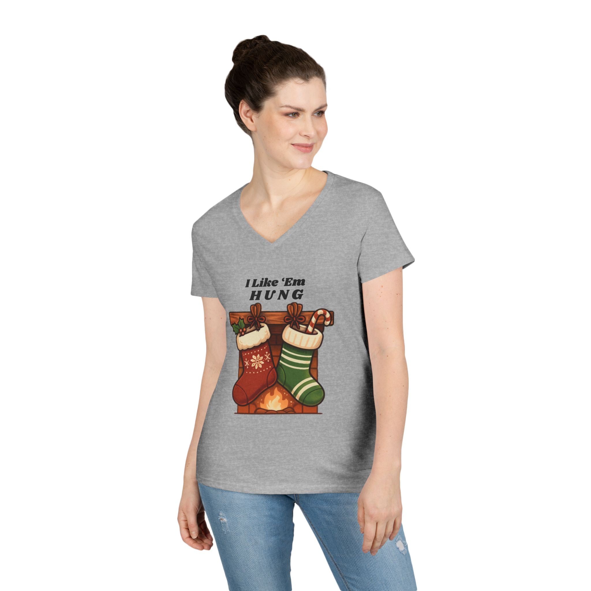 I Like 'Em Hung Christmas Stockings V-Neck T-Shirt | Holiday Stocking Design