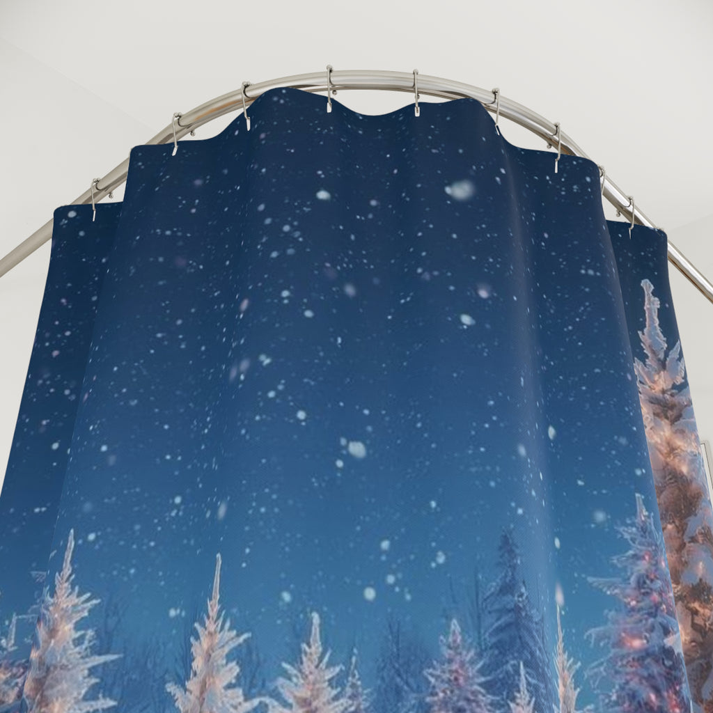 Winter Forest Shower Curtain — Snowy Trees with Gift Boxes