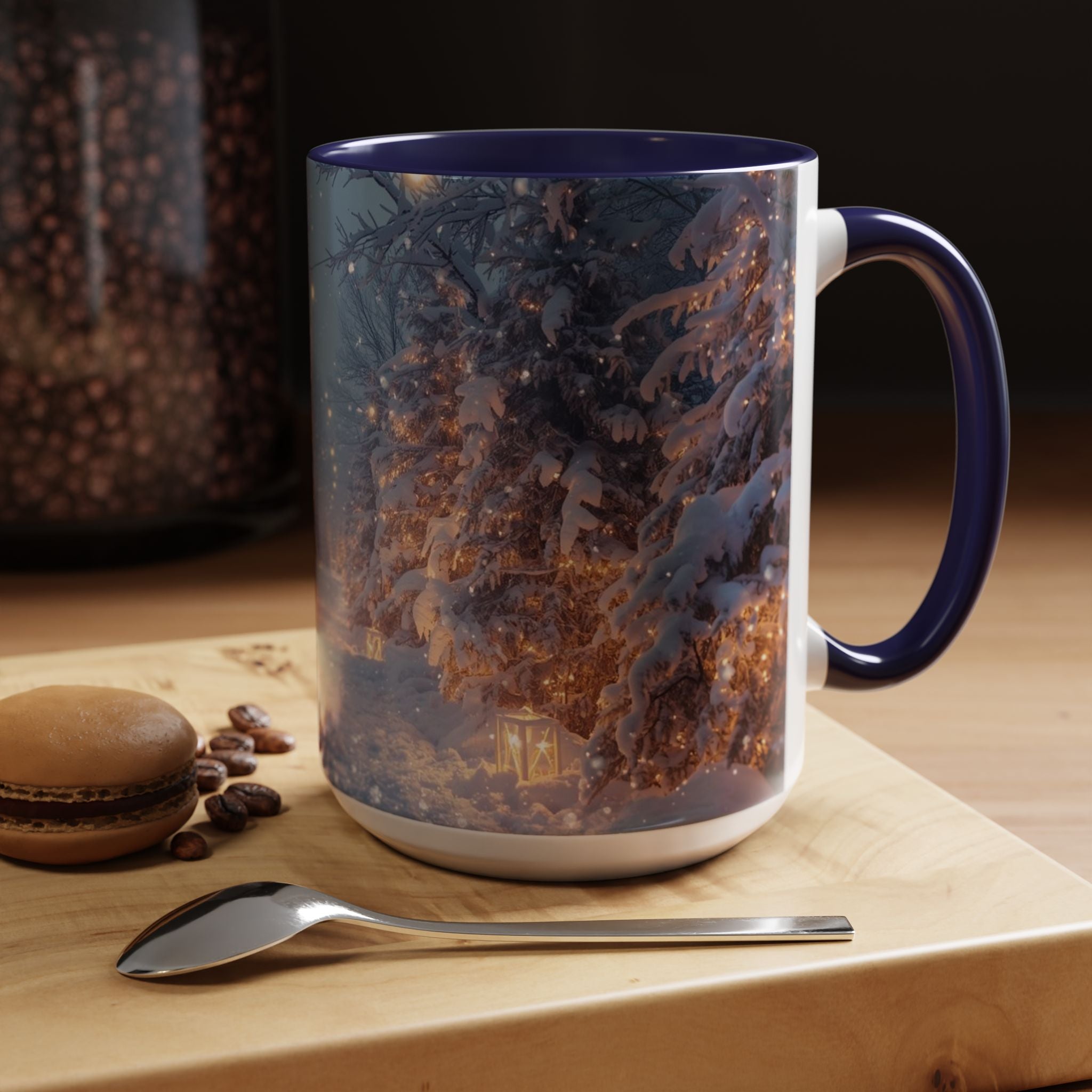 Winter Cabin Snowy Forest Accent Coffee Mug — Cozy Holiday Snow Scene (11/15oz)