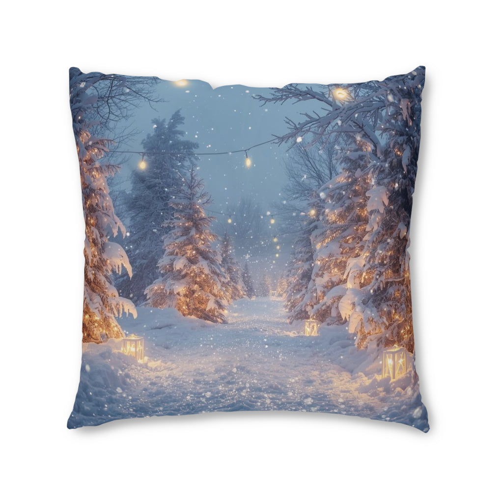 Winter Forest Snow Scene Tufted Floor Pillow — Cozy Holiday Decorative Cushion