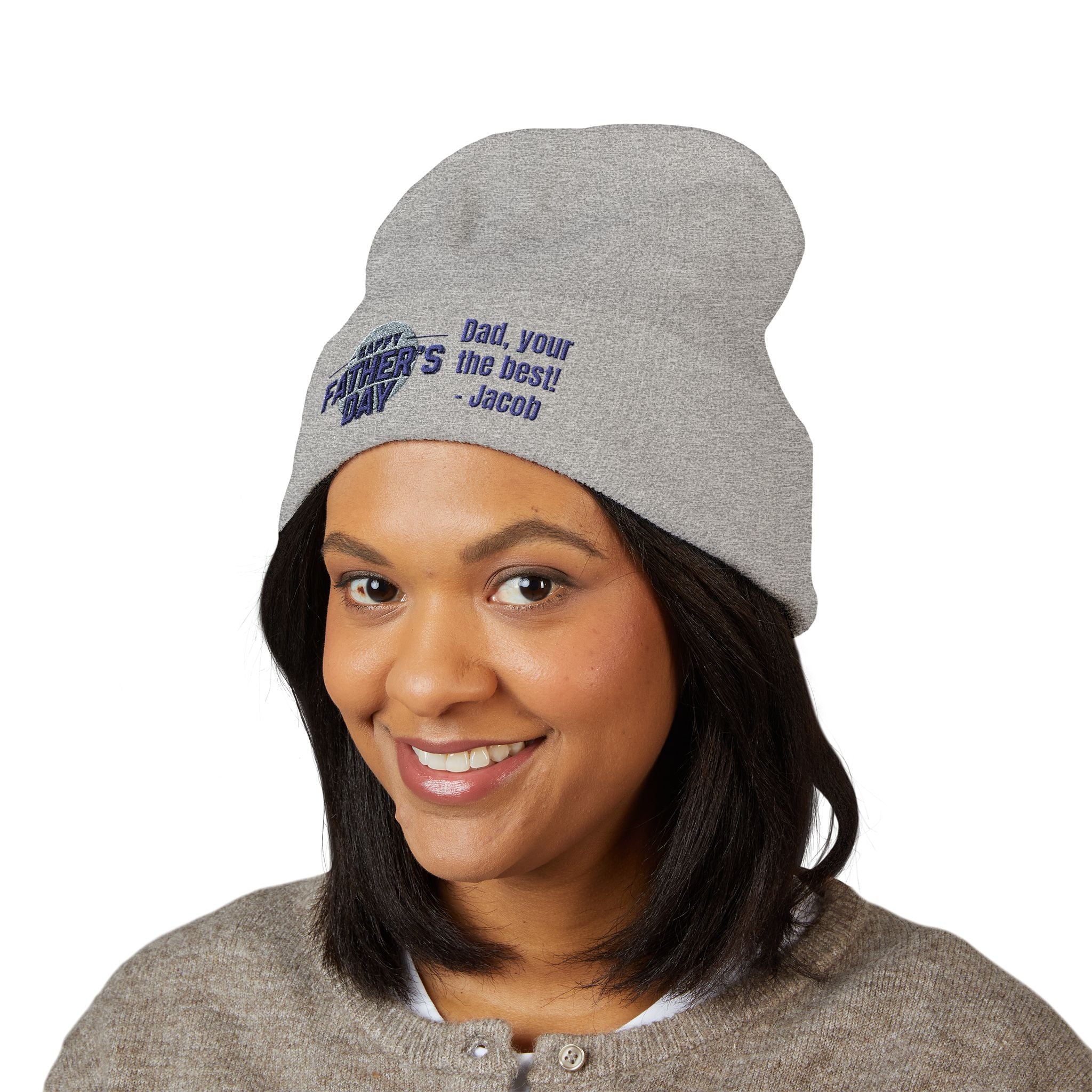 Embroidered "Happy Father's Day" Cuffed Beanie — Personalized Dad Gift