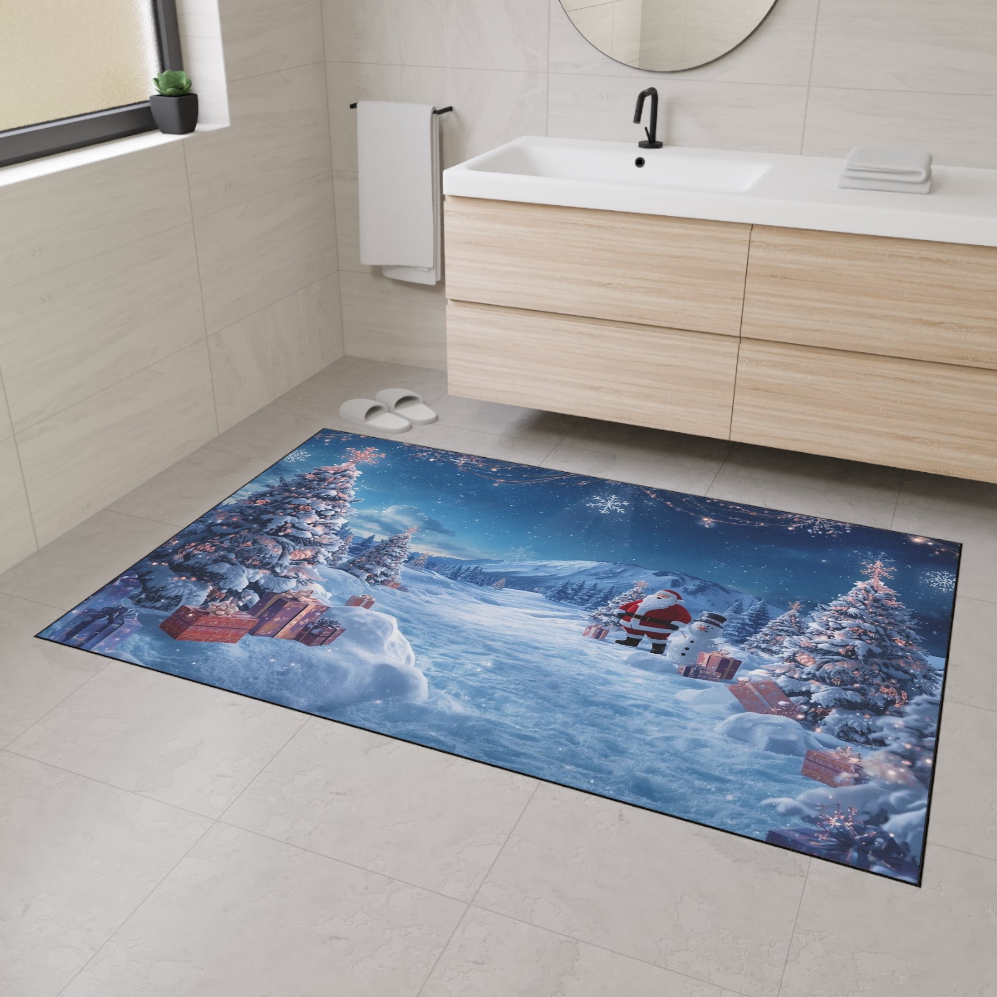 Christmas Snowy Scene Floor Mat — Santa & Pine Trees Holiday Doormat