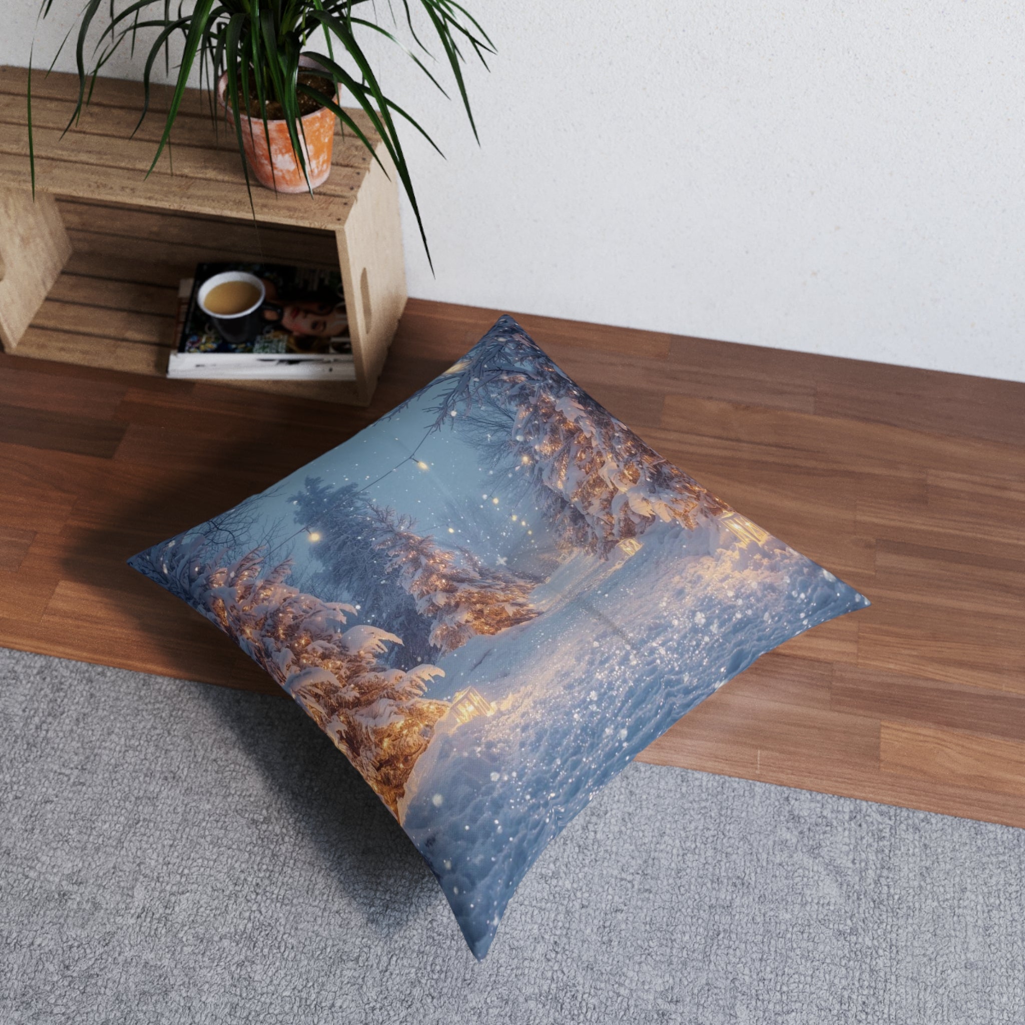 Winter Forest Snow Scene Tufted Floor Pillow — Cozy Holiday Decorative Cushion