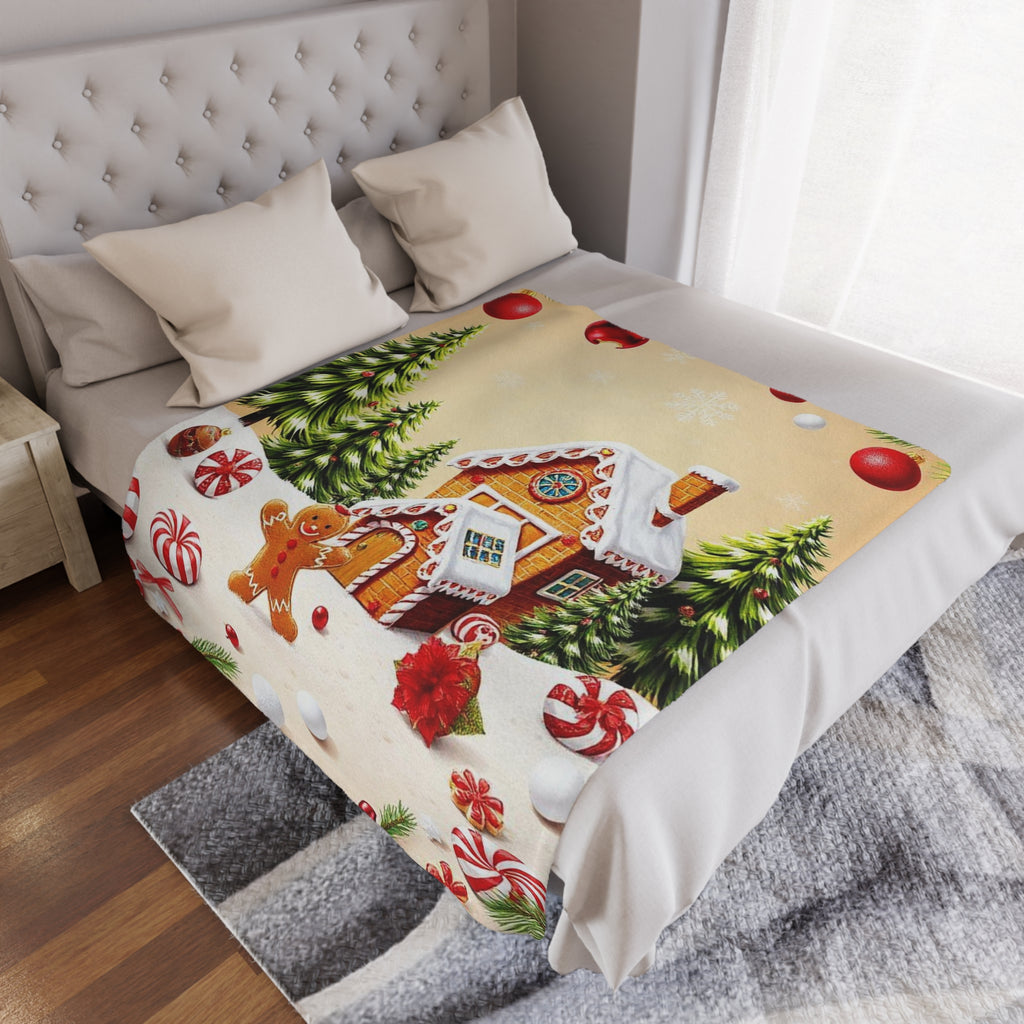 Christmas Gingerbread House Minky Blanket — Cozy Holiday Throw with Candy & Pine Tree Design