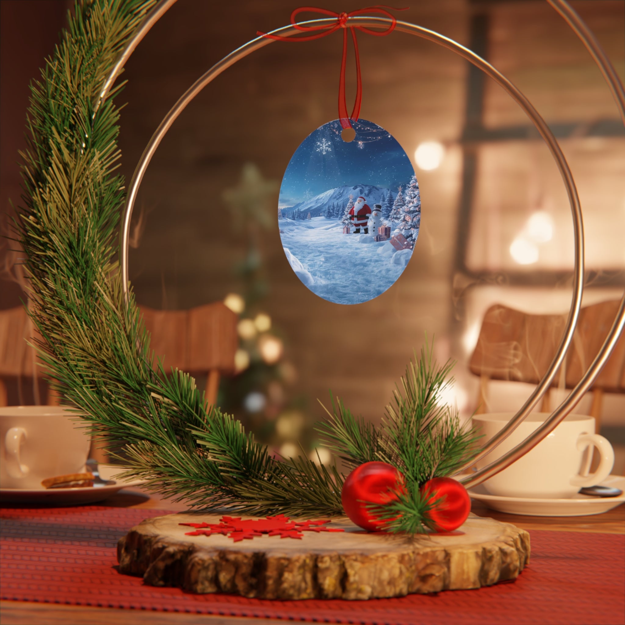 Bell Metal Ornament — Santa in Snowy Mountain Scene Christmas Decoration