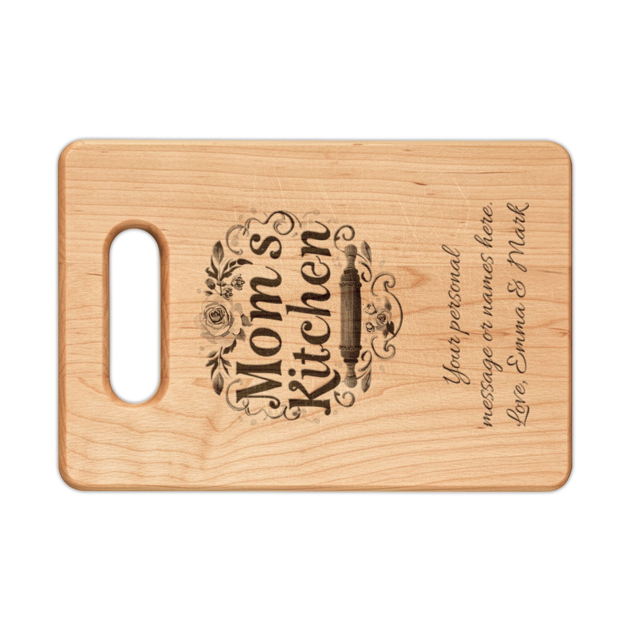 Engraved "Mom's Kitchen" Wooden Cutting Board – Personalized Floral Charcuterie & Serving Paddle, Mother's Day Gift