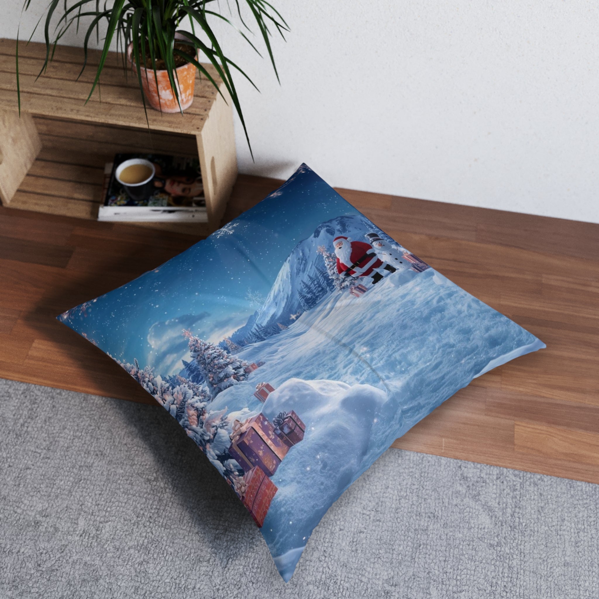 Christmas Winter Scene Floor Pillow — Santa & Snowy Mountain Holiday Decor