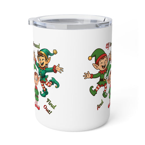 10oz Insulated Coffee Mug – Playful Christmas Elves 'Elf Around and Find Out'