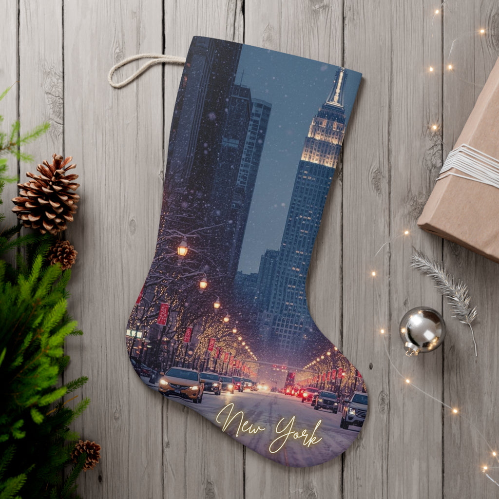 New York Snowy Street Christmas Stocking — Holiday Santa Stocking with Empire State Design