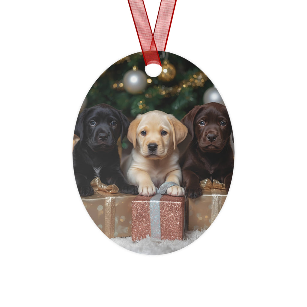 Christmas Puppy Metal Ornament — Labrador Retriever Trio Holiday Decoration