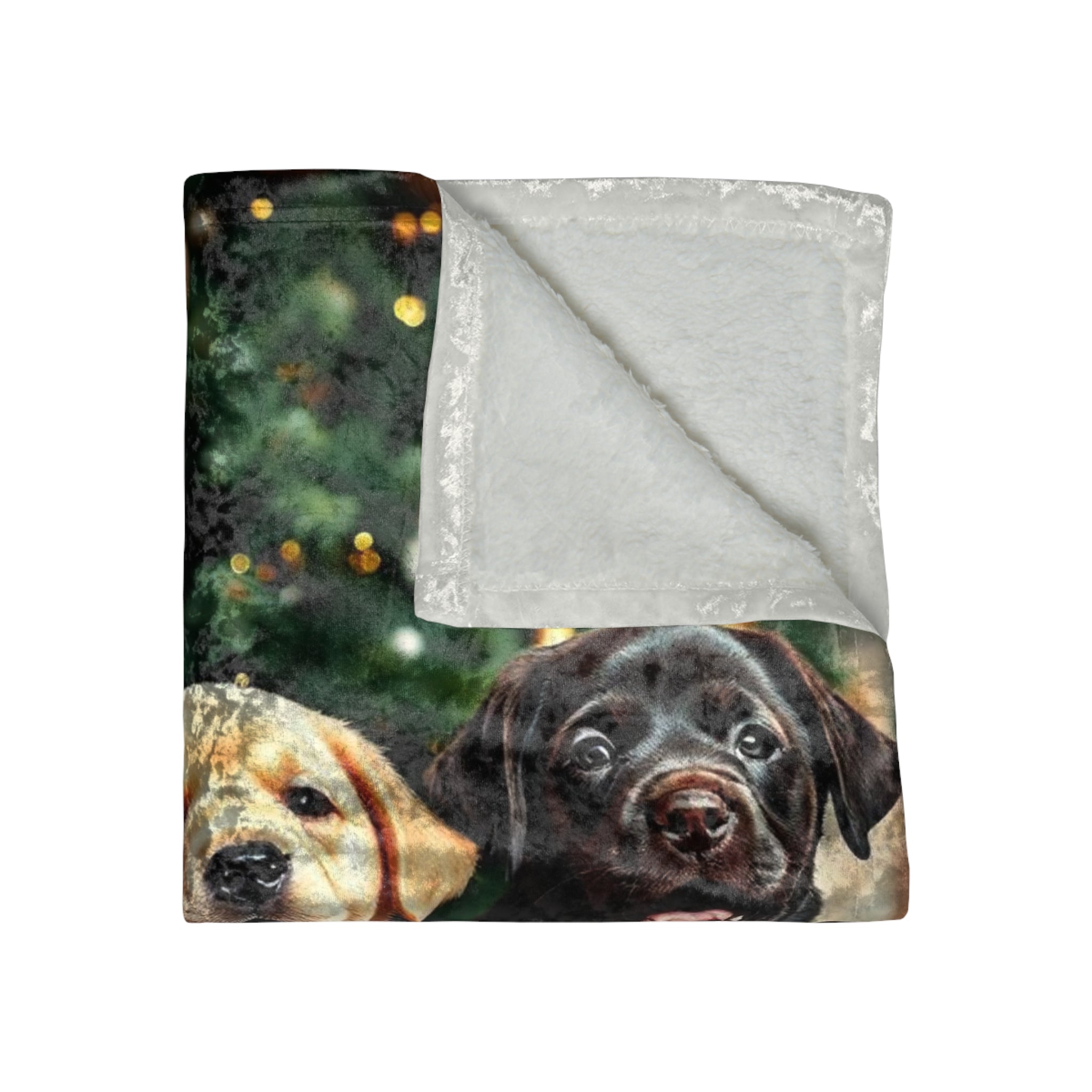 Crushed Velvet Blanket — Holiday Puppies by Christmas Tree, Festive Gift Throw