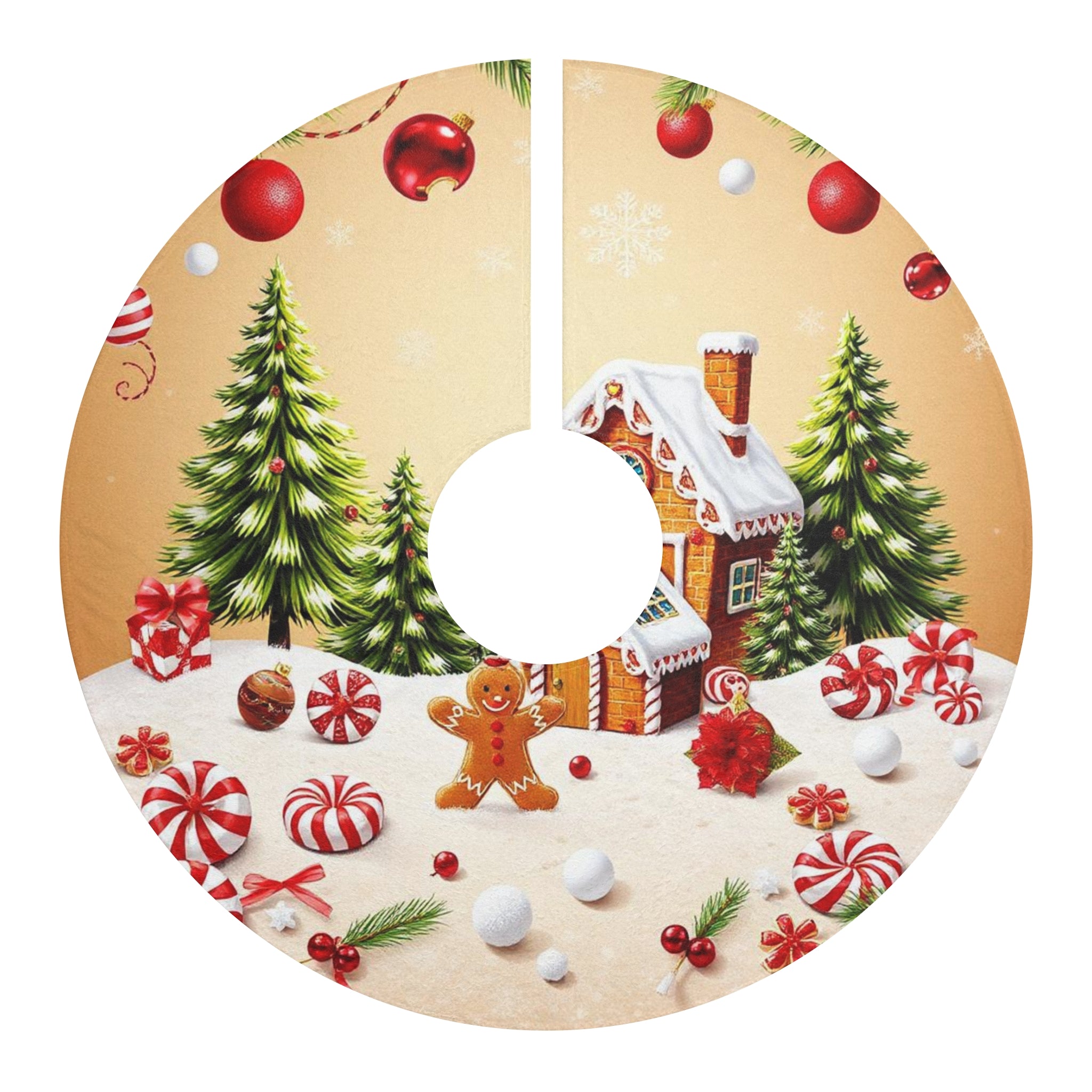 Christmas Tree Skirt — Gingerbread Cottage & Candy Canes Holiday Tree Skirt