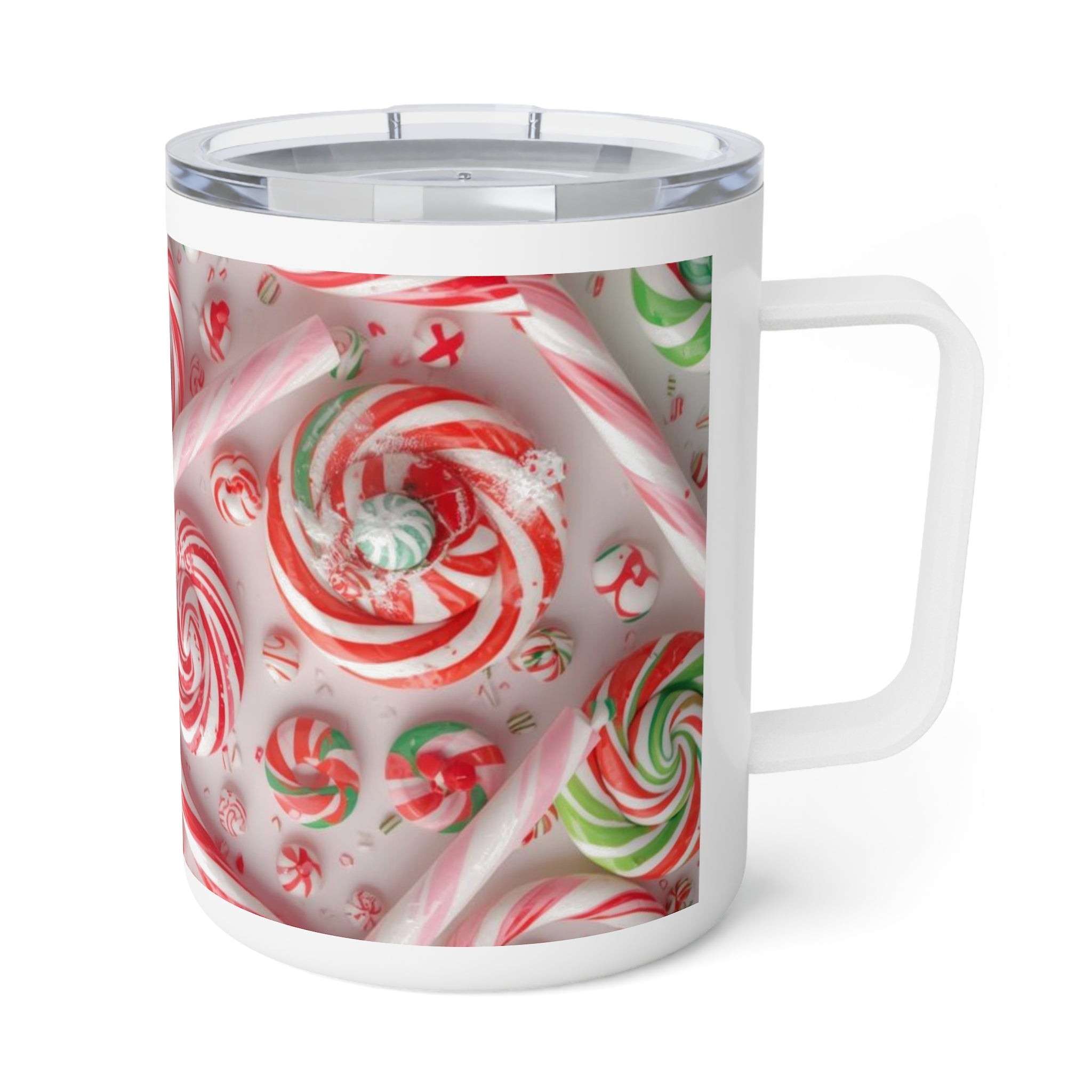 10oz Insulated Coffee Mug – Festive Red & Green Peppermint Swirl Holiday Travel Mug