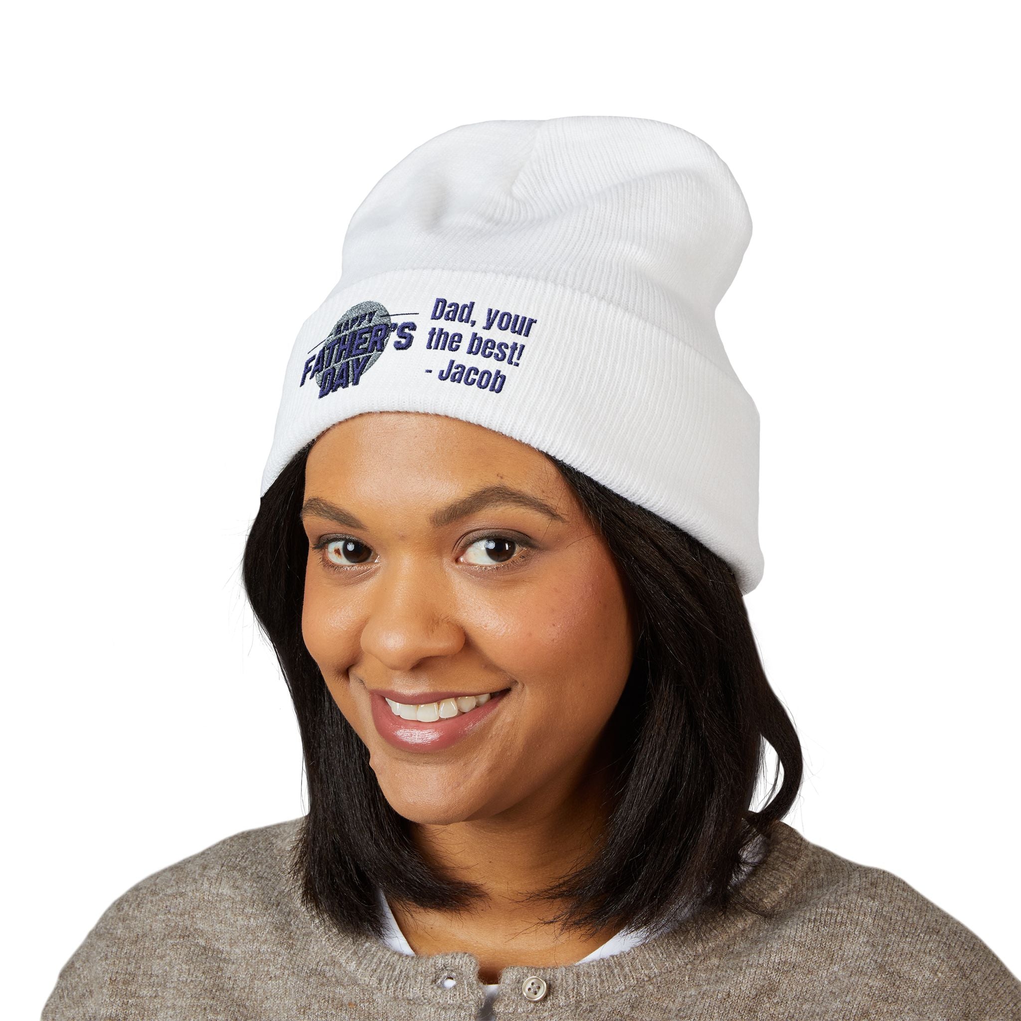 Embroidered "Happy Father's Day" Cuffed Beanie — Personalized Dad Gift
