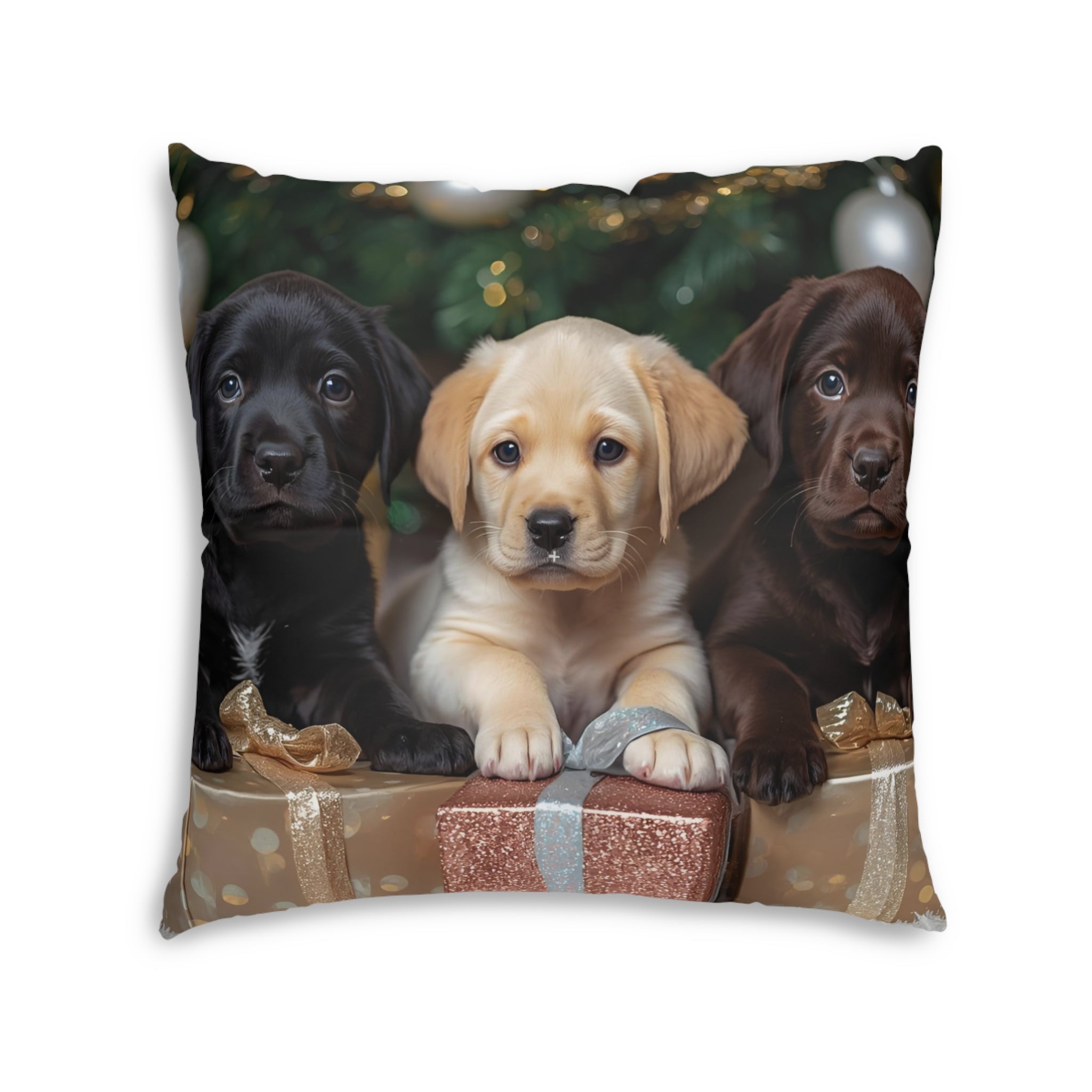 Puppy Trio Tufted Floor Pillow — Cute Labrador Puppies Holiday Decor