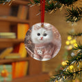Cute White Kitten Metal Ornament — Christmas Cat in Cozy Sweater Holiday Decoration