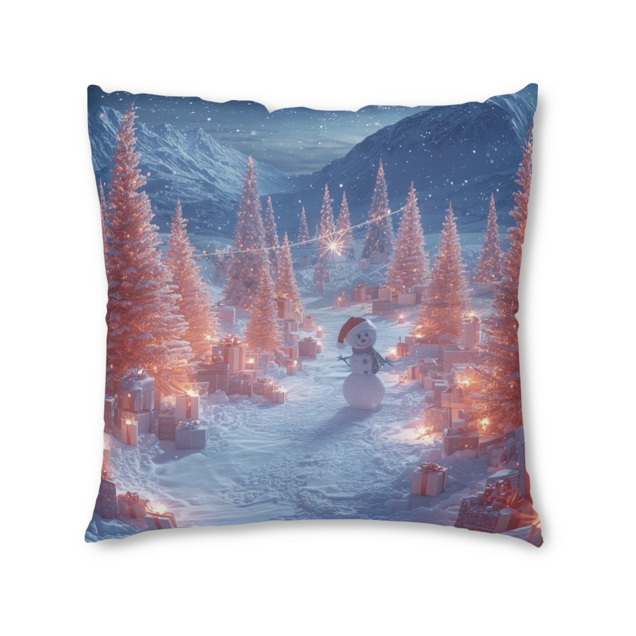 Winter Wonderland Square Floor Pillow — Snowman & Lit Christmas Trees Holiday Decor