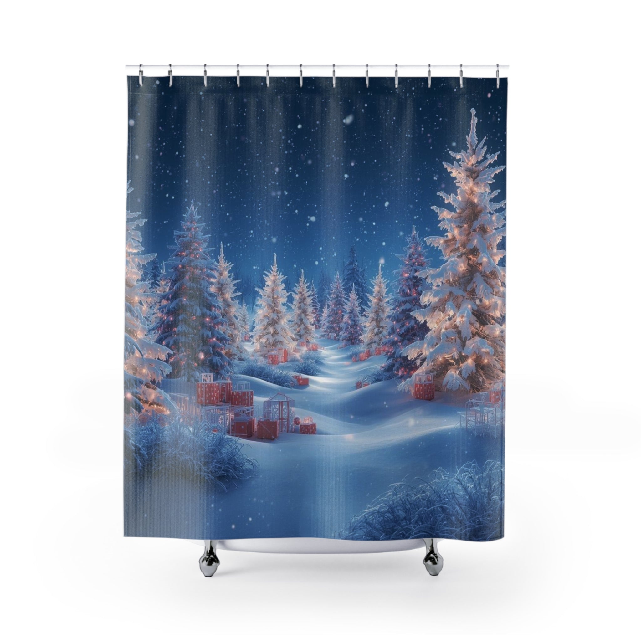 Winter Forest Shower Curtain — Snowy Trees with Gift Boxes