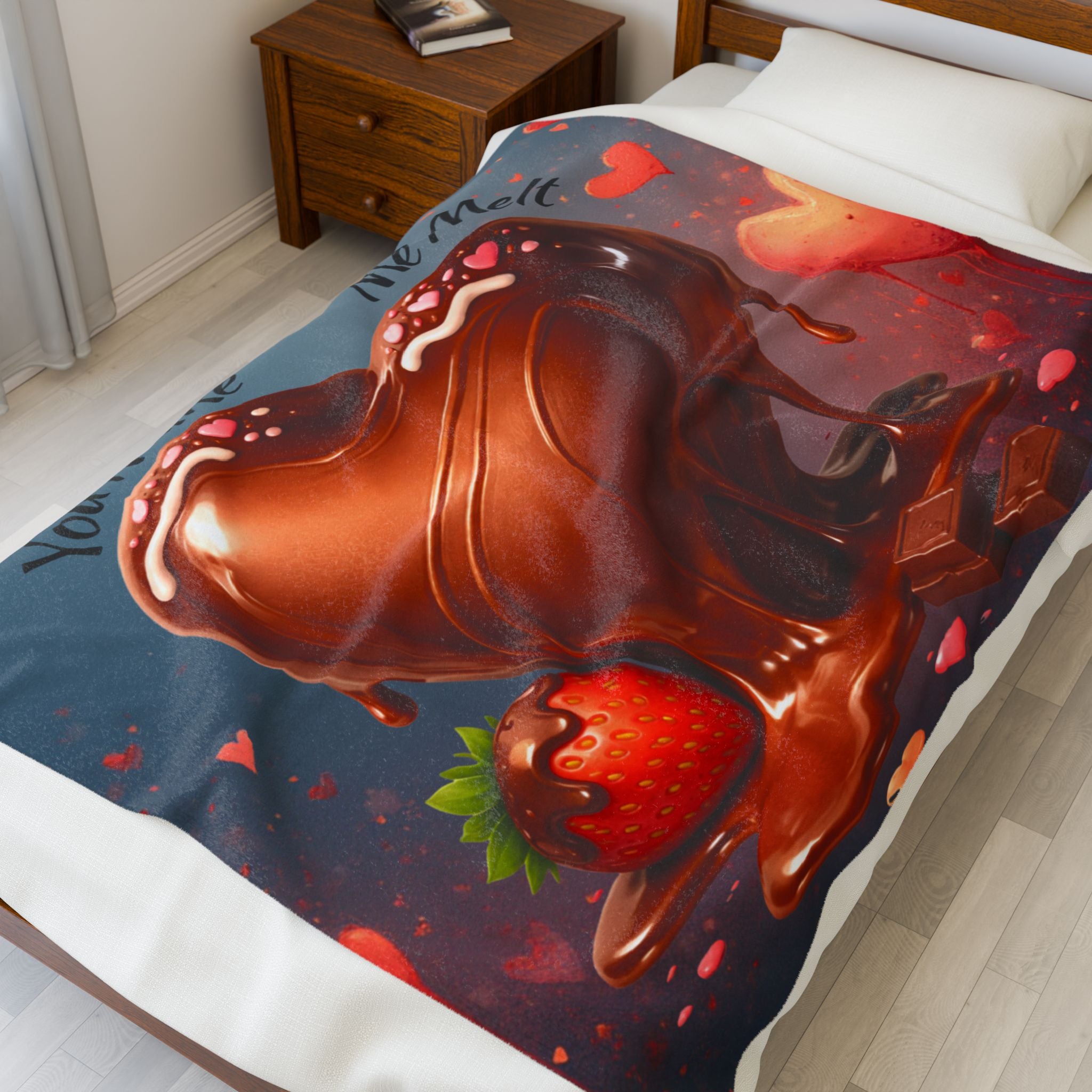 You Make Me Melt Chocolate Heart & Strawberry Velveteen Plush Blanket