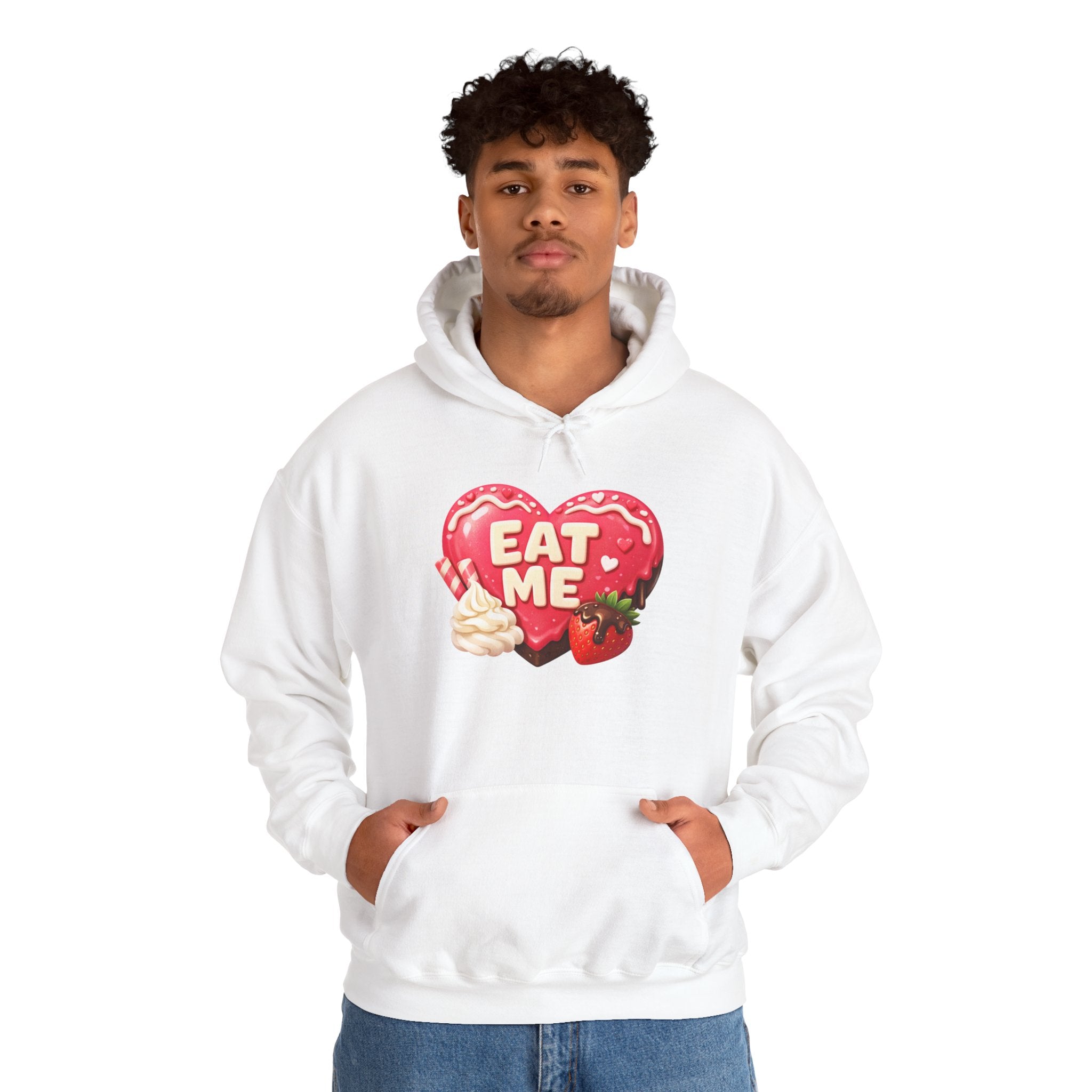 Eat Me Heart Graphic Hoodie — Strawberry Cream Dessert Design