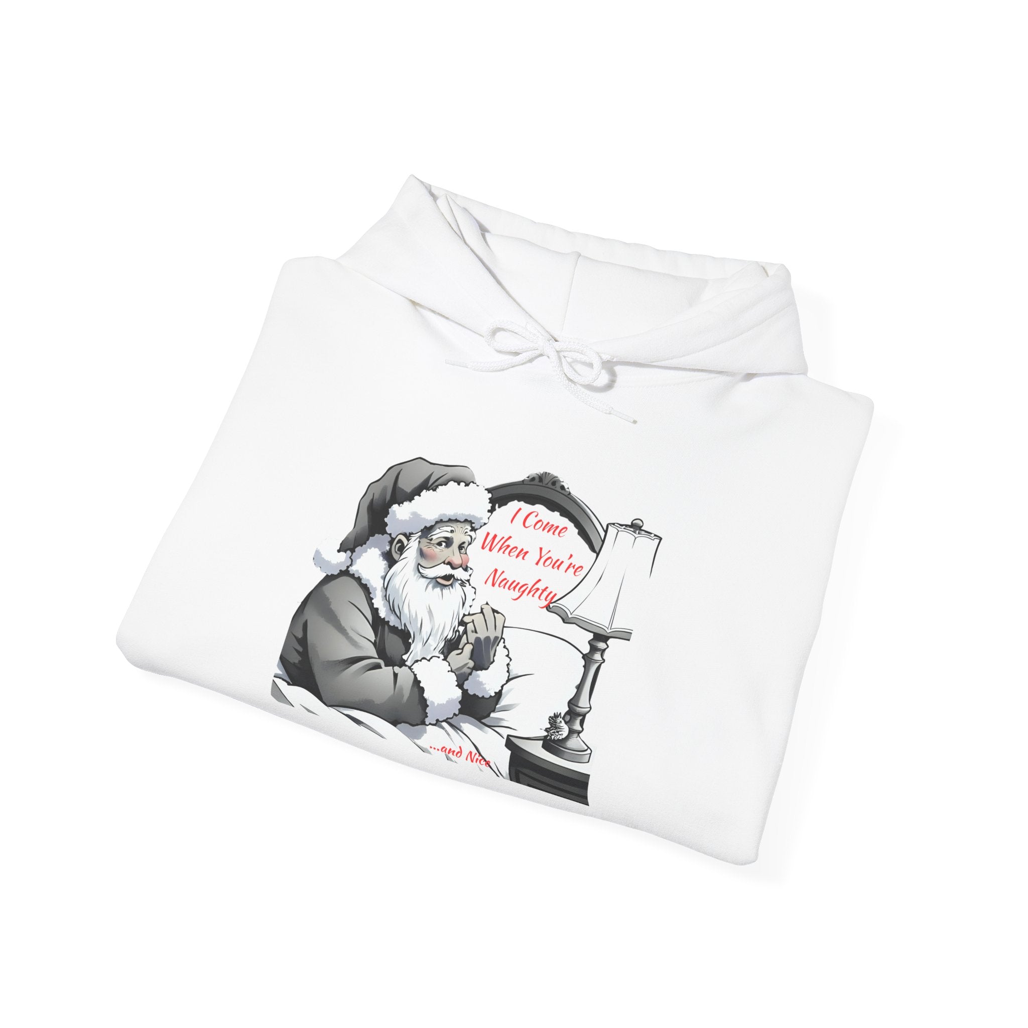 Adult Themed Santa In Bed Hoodie - 'I Come When You're Naughty' Christmas Attire