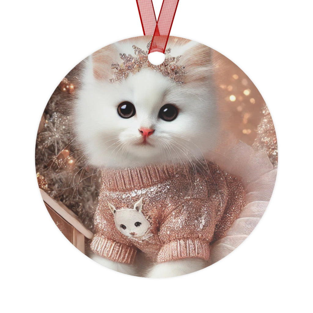 Cute White Kitten Metal Ornament — Christmas Cat in Cozy Sweater Holiday Decoration