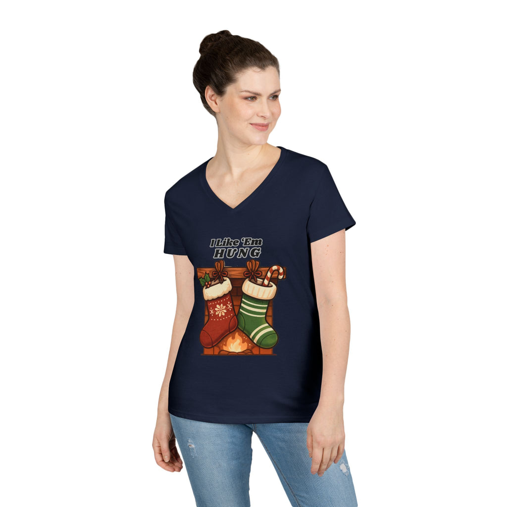 I Like 'Em Hung Christmas Stockings V-Neck T-Shirt | Holiday Stocking Design