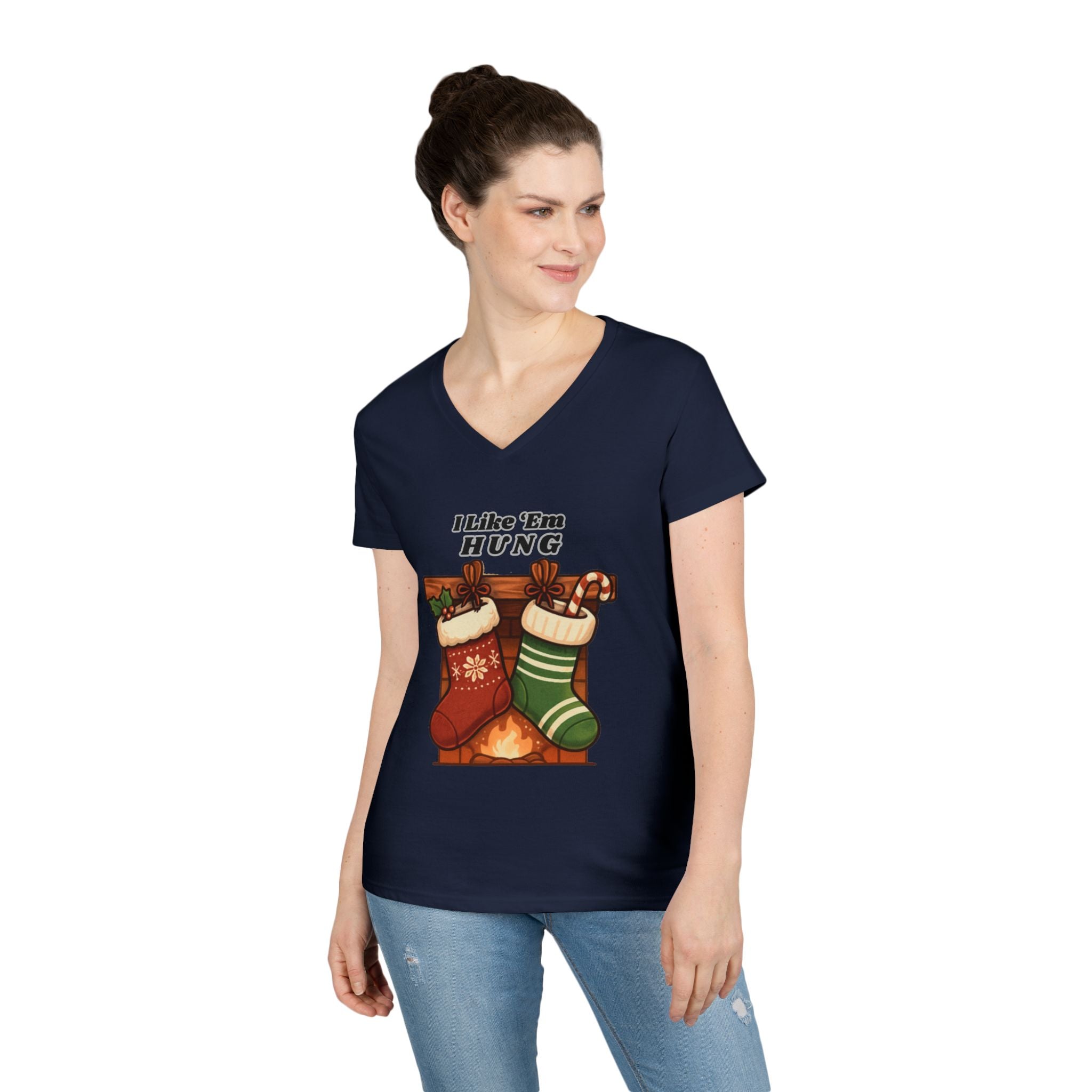 I Like 'Em Hung Christmas Stockings V-Neck T-Shirt | Holiday Stocking Design