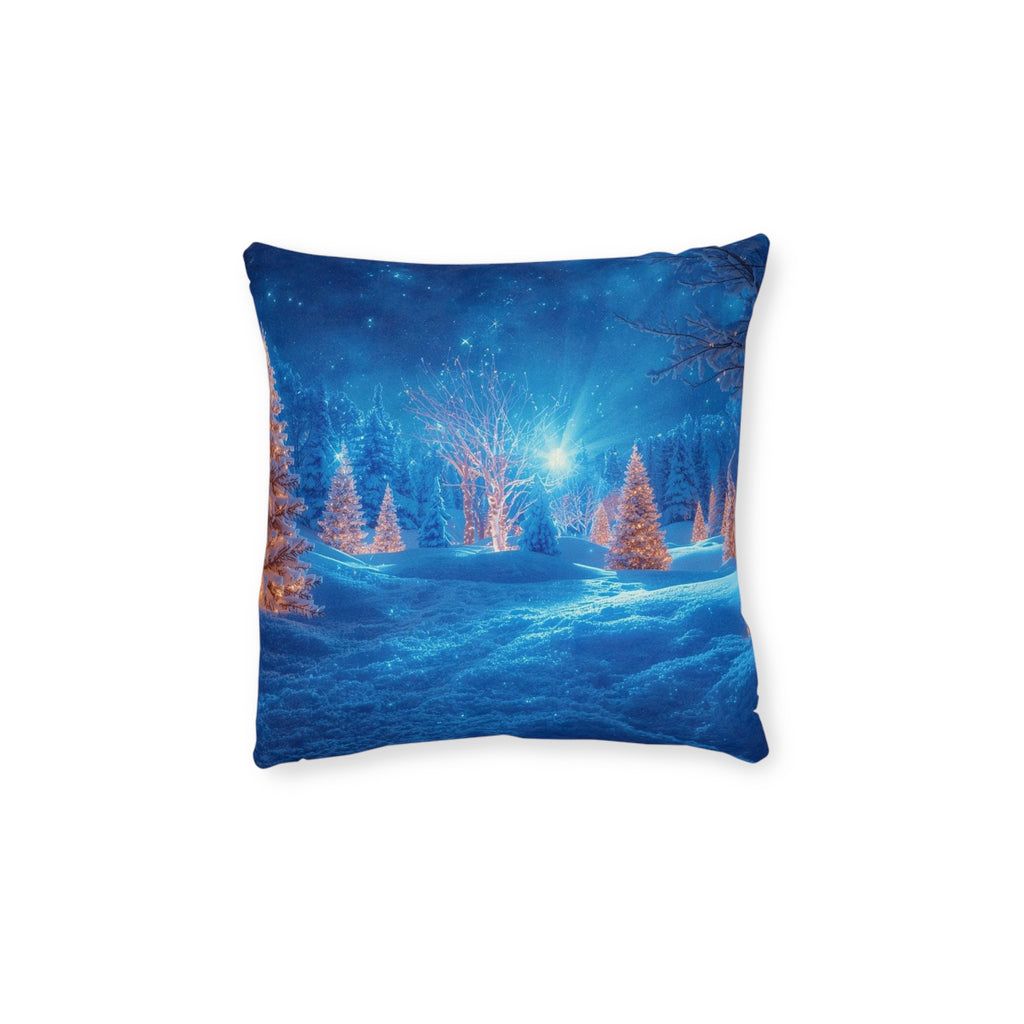 Square Pillow - Wonderland Decorative Pillow Blue Snowy Trees Pink Back