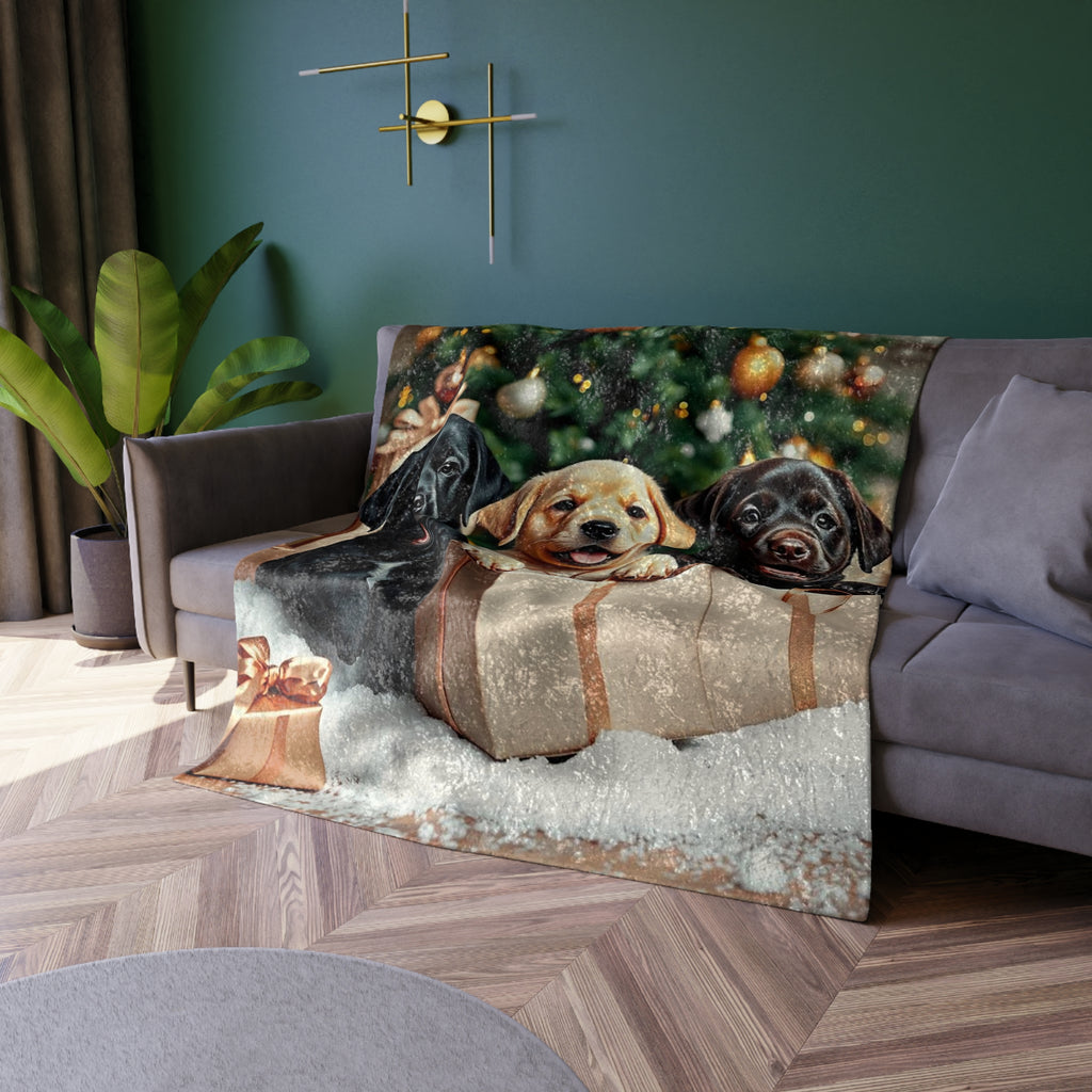 Crushed Velvet Blanket — Holiday Puppies by Christmas Tree, Festive Gift Throw