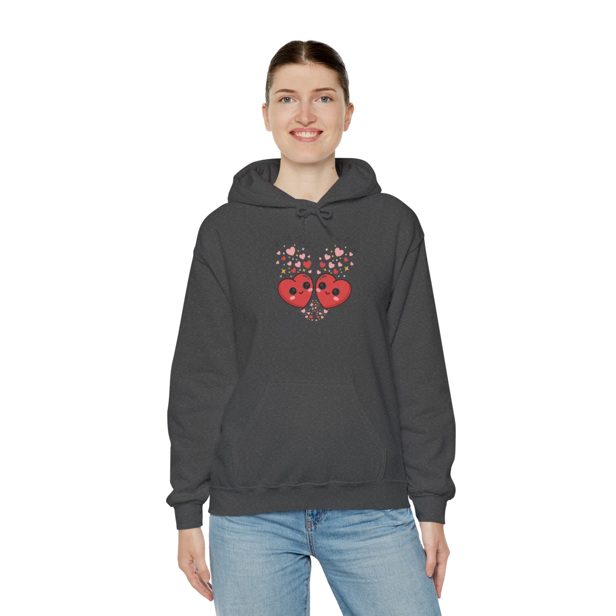 Smug Heart Hoodie — Oversized Smiling Heart with Sparkles & Tiny Hearts