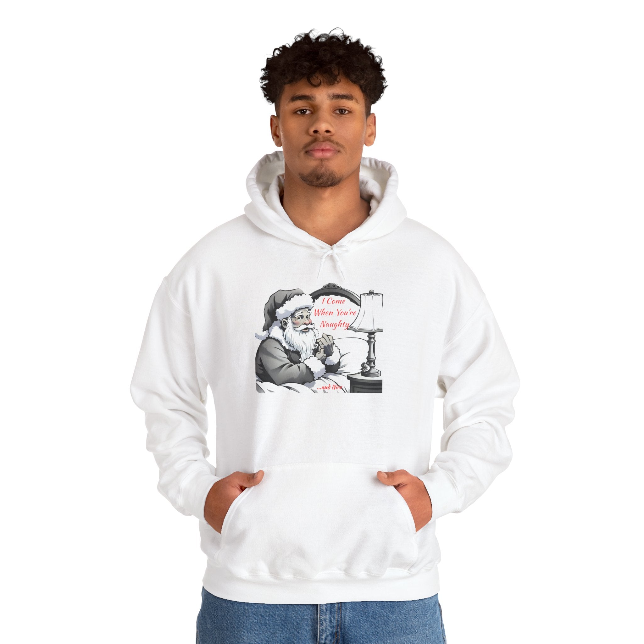 Adult Themed Santa In Bed Hoodie - 'I Come When You're Naughty' Christmas Attire
