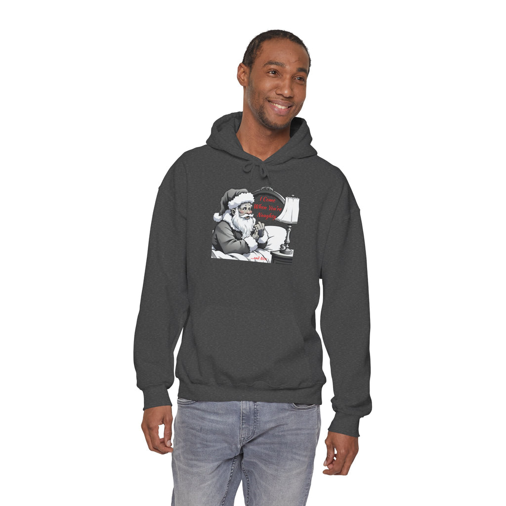 Adult Themed Santa In Bed Hoodie - 'I Come When You're Naughty' Christmas Attire